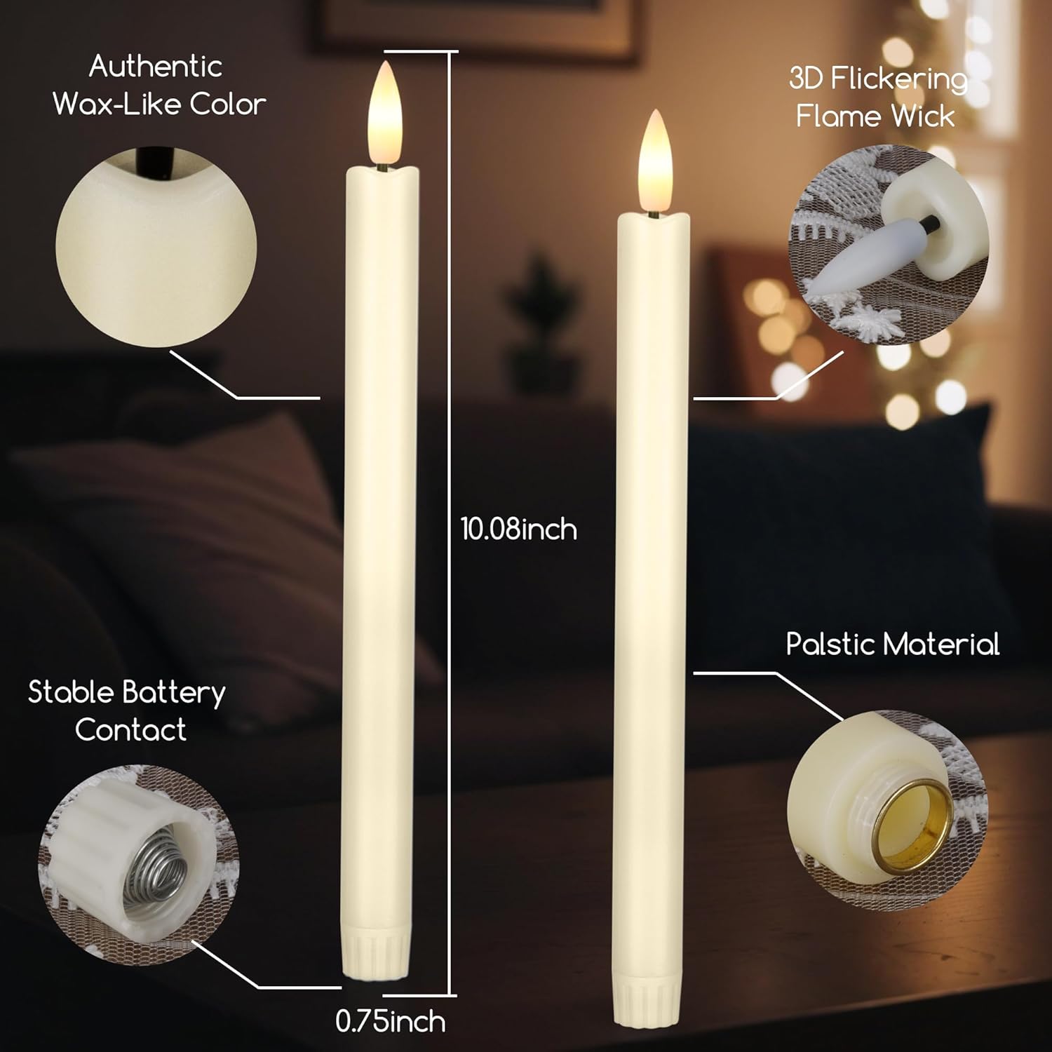 12 Ivory LED Flameless Taper Candles with Remote Control, Timer & Flickering Flame, 10.1" Plastic Battery Operated Candlesticks for Holiday Party, Xmas, and Home Decor