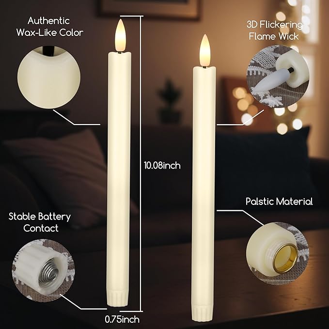 SEHNSY Ivory Flameless Taper Candles with Remote and Timer, 10.1" Battery Operated Candle with Flickering Flame, Led Flameless Candlesticks for Christmas, Weddings, and Indoor Decor, 2 Pack photo 6