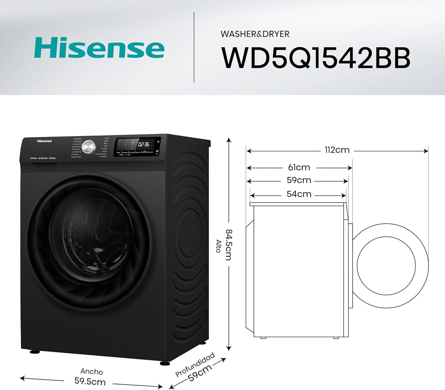 Diagram showing the dimensions of the Hisense WD5Q1542BB Washer and Dryer