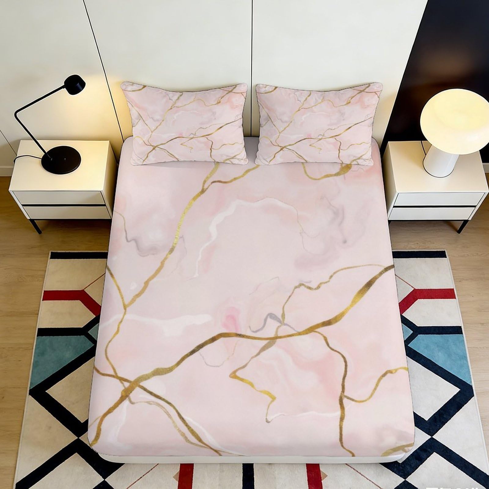 3D Printed Pink Marble Fitted Sheet Microfiber Soft Breathable Golden Vein Bed Cover for Bedroom Dormitory Guest Room Mattress Protection Decor 120x200x25cm