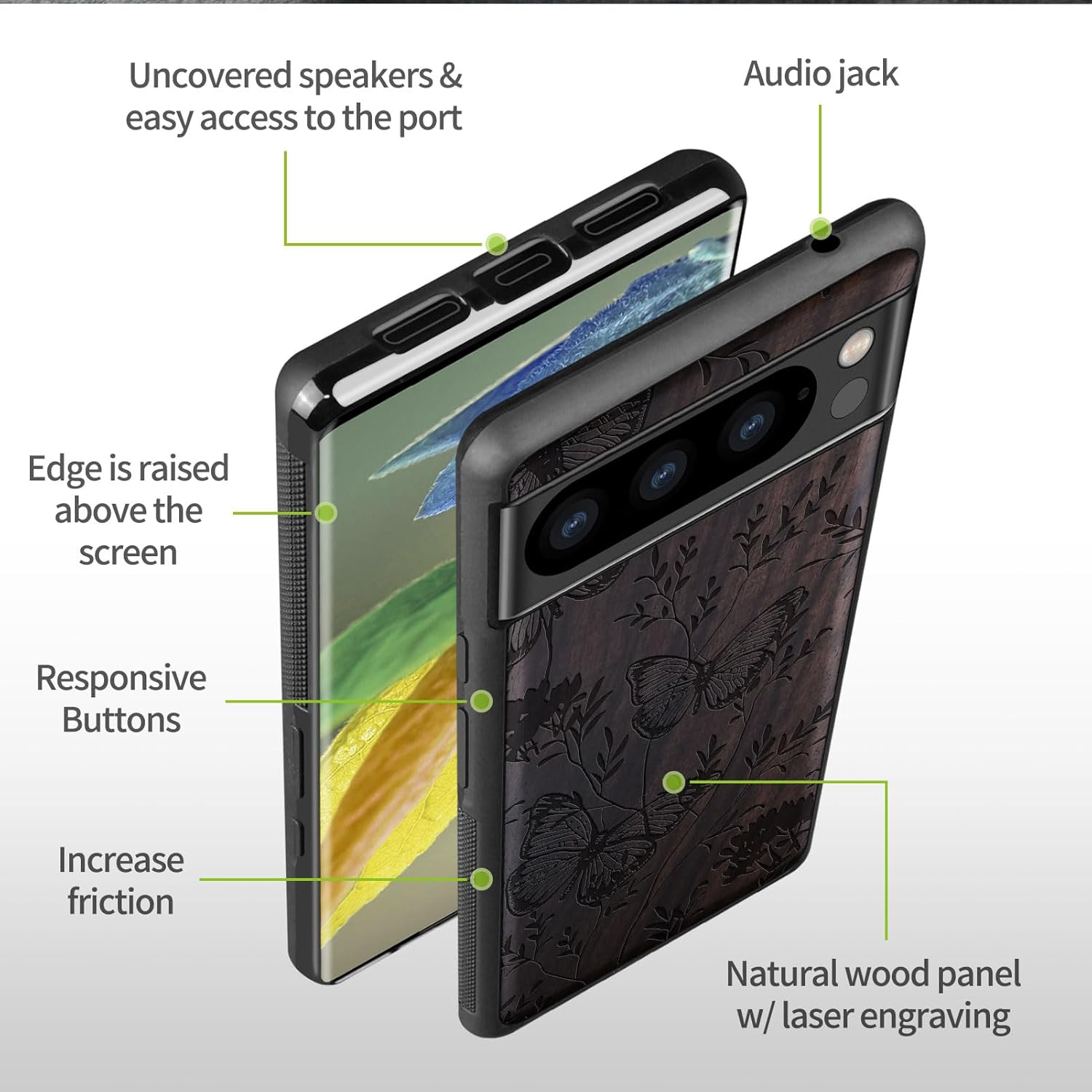 Carveit Wood Case for Pixel 8 Pro Case [Natural Wood & Black Soft TPU] Shockproof Protective Unique Wooden Cover Compatible with Google Pixel 8 Pro (A Dance of Butterflies-Blackwood)