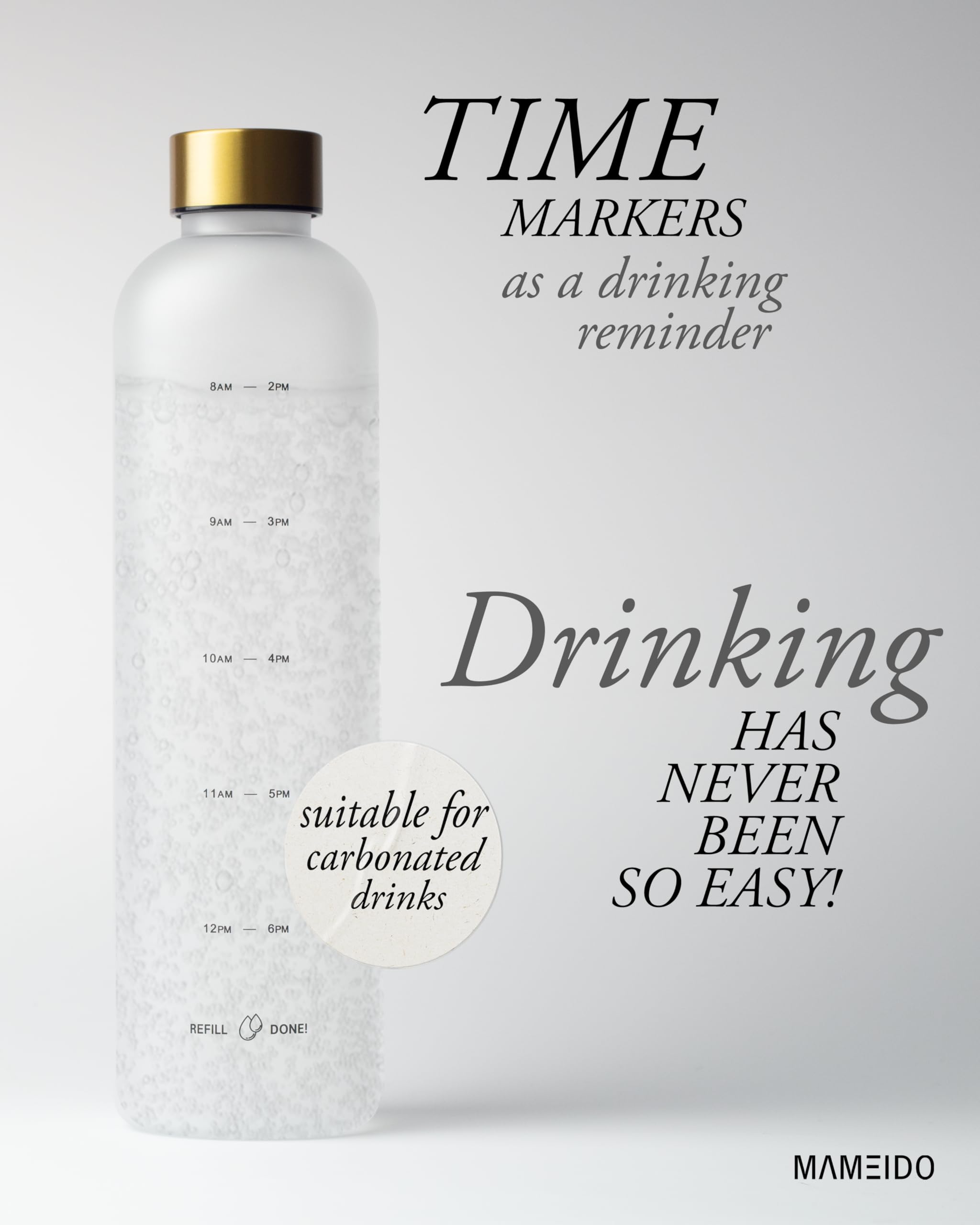 MAMEIDO Bottiglia acqua 1 litro - Borraccia plastica tritan a tenuta stagna, senza BPA - bottiglia motivazionale con orario (Frosted White Gold)