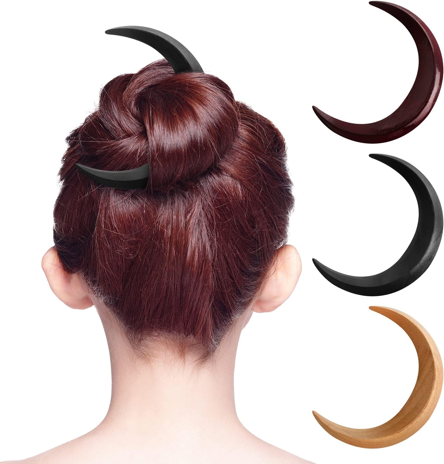Yinder 3 Pcs Hand Carved Hair Fork for Women, Wooden Moon Hair Clip Crescent Moon Hairpin Hair Accessories, 3.5", 3 Color, Small Size