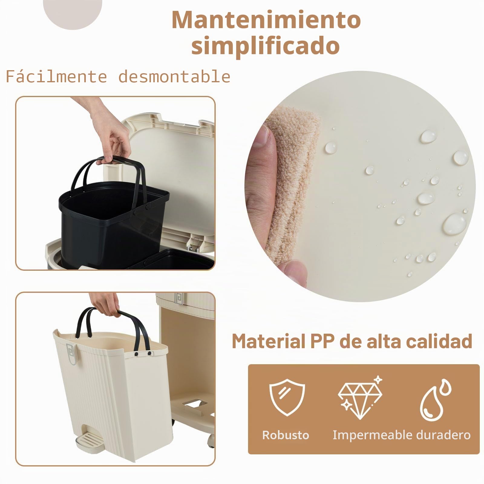 LIFEZEAL Cubo de basura con ruedas 42L y 3 compartimentos (42L) | Papelera de cocina con pedal, tapa y asa para cocina, salón y oficina