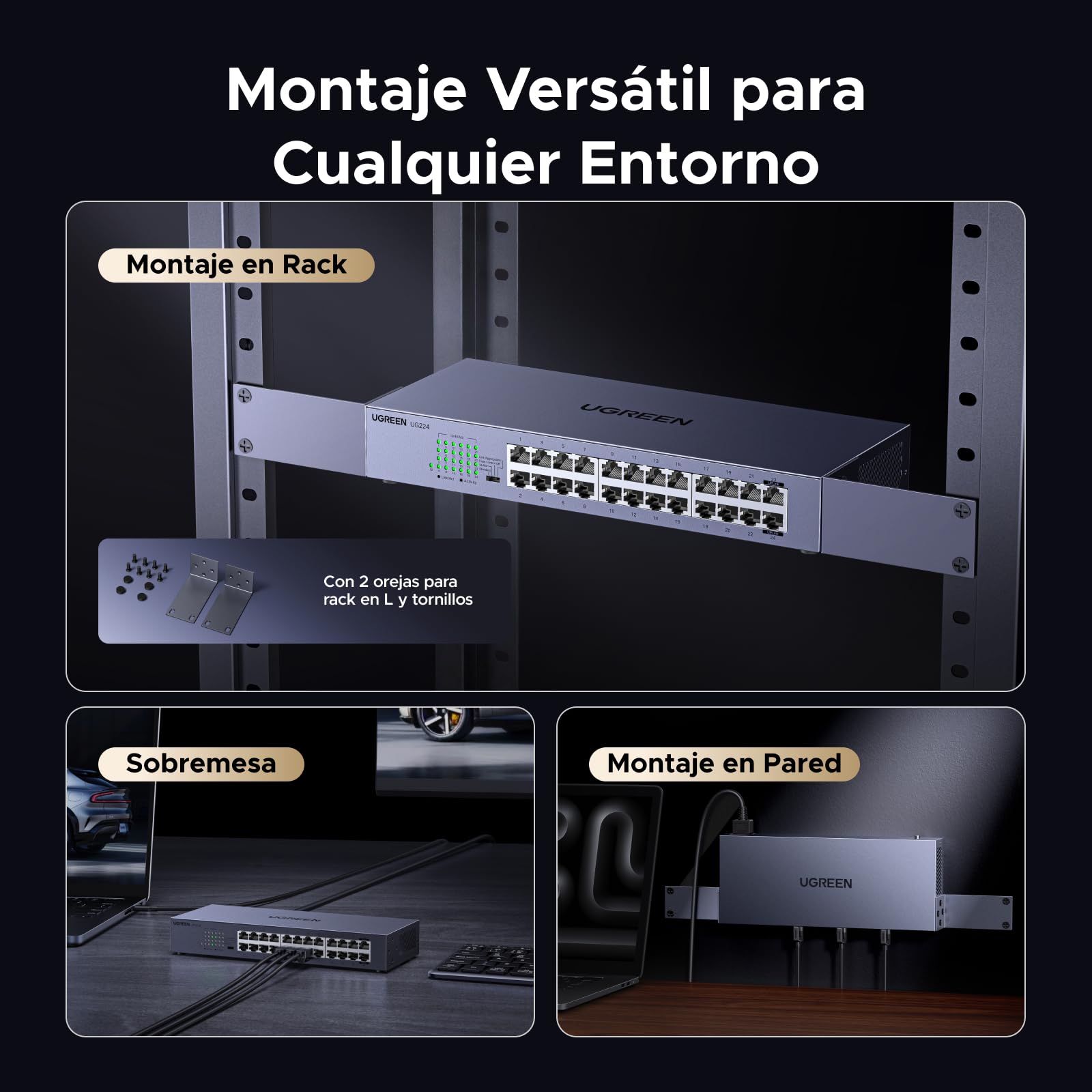 UGREEN Switch Ethernet Gigabit 24 Puertos Montaje en Sobremesa o Pared | Ethernet 1000Mbps Hub Red LAN Splitter para Oficina y Hogar Multipuerto RJ45 Compatible con PC TV Impresora Cámara Router