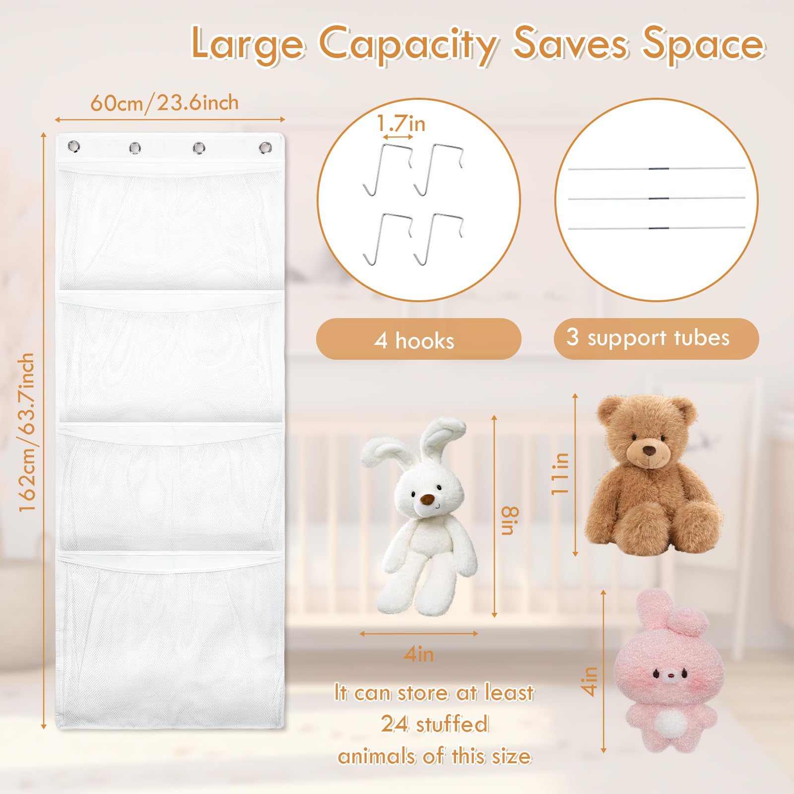 Organizzatore Salvaspazio per Animali di Peluche,Amaca a Rete con Gancio in Metallo–Grande Contenitore da Appendere alla Porta,Ideale per Camera dei Bambini,Camera da Letto,Asilo Nido (Bianco)