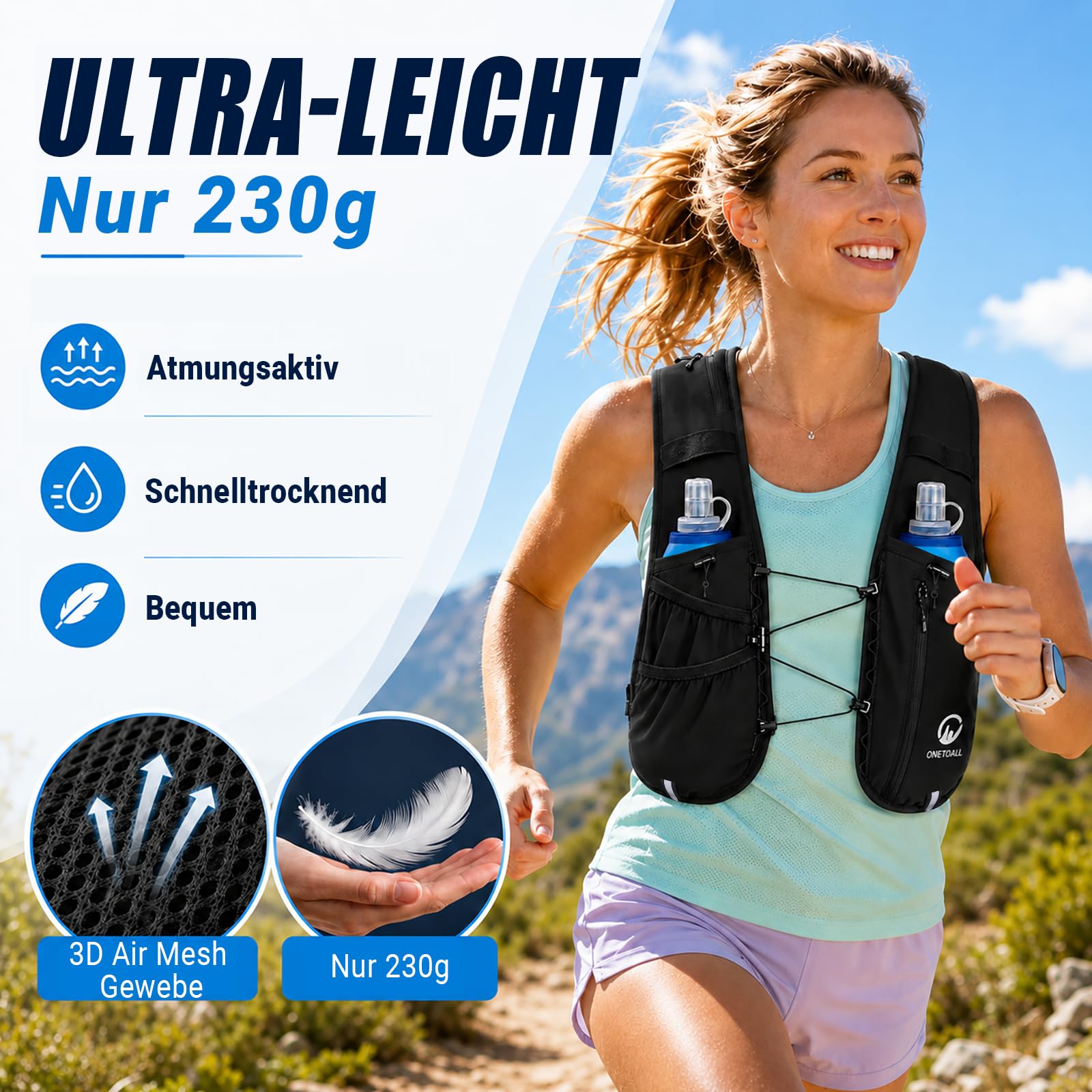 Laufweste Damen & Herren mit Zwei 500ml Trinkflaschen, Verstellbare Running Vest mit Lauflicht für bessere Sichtbarkeit, Atmungsaktiver Laufrucksack Trinkrucksack für Laufen Wandern Joggen