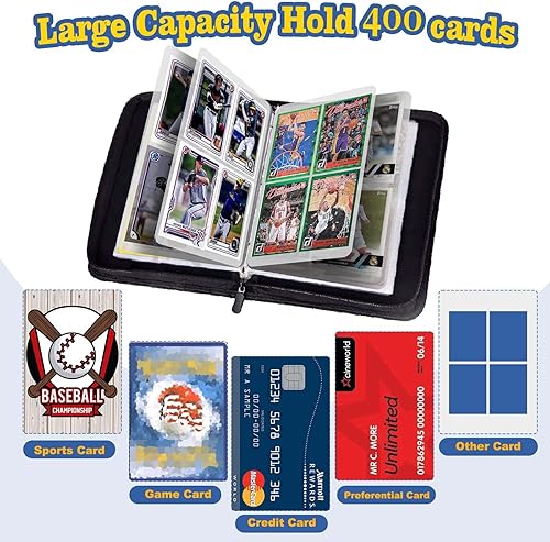 Miniatura 3 de Carpeta de tarjetas para tarjetas intercambiables, 4 bolsillos, 50 fundas extraíbles, 400 tarjetas con cremallera, carpetas portátiles de tarjetas,