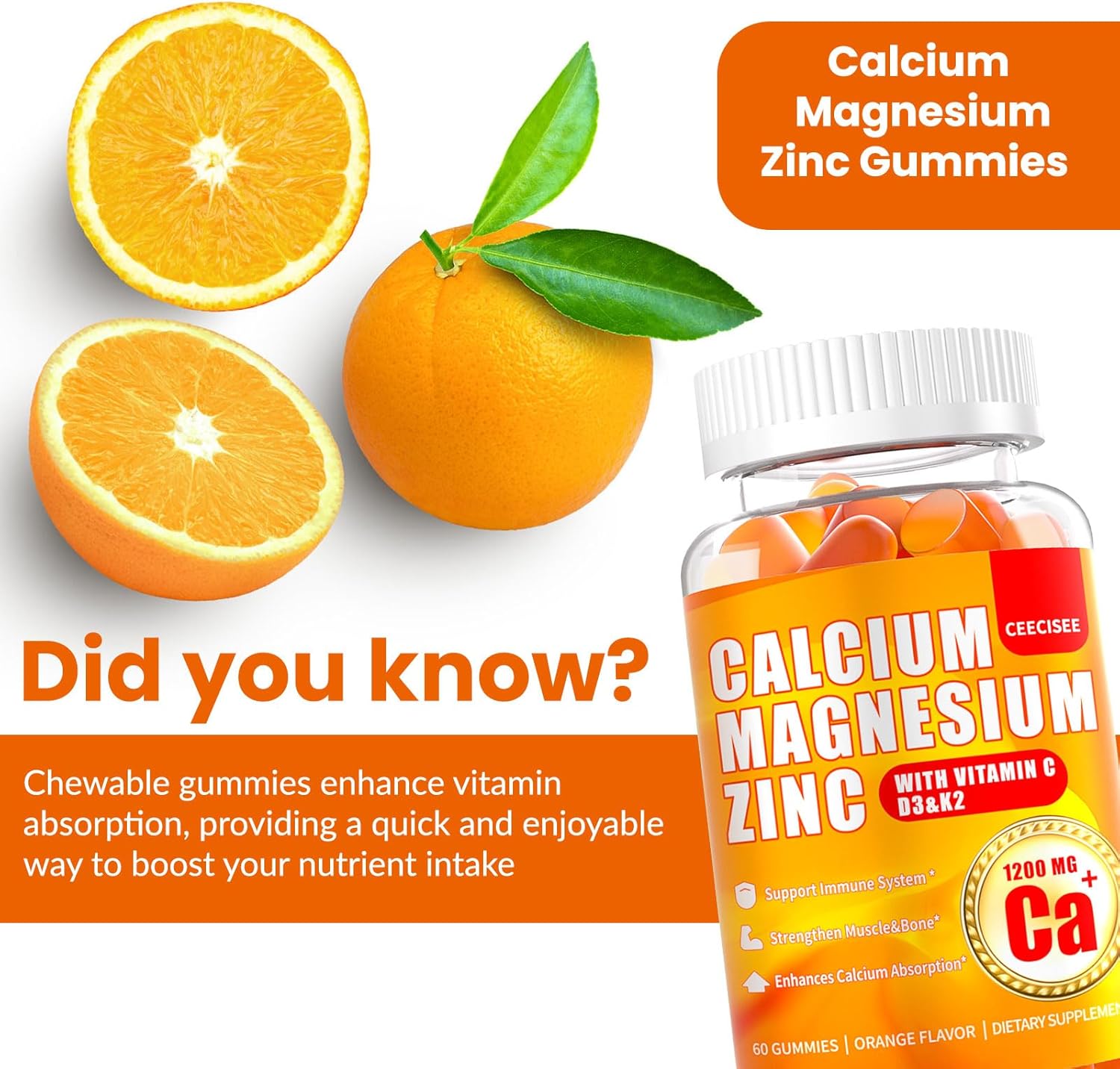 Calcium Magnesium Gummies for Women Men: 1200mg Calcium Citrate Zinc Gummy with Vitamin C D3 K2 - Vegan Sugar Free Chewable High Absorption Enegy Immune Support Supplement(120Count)