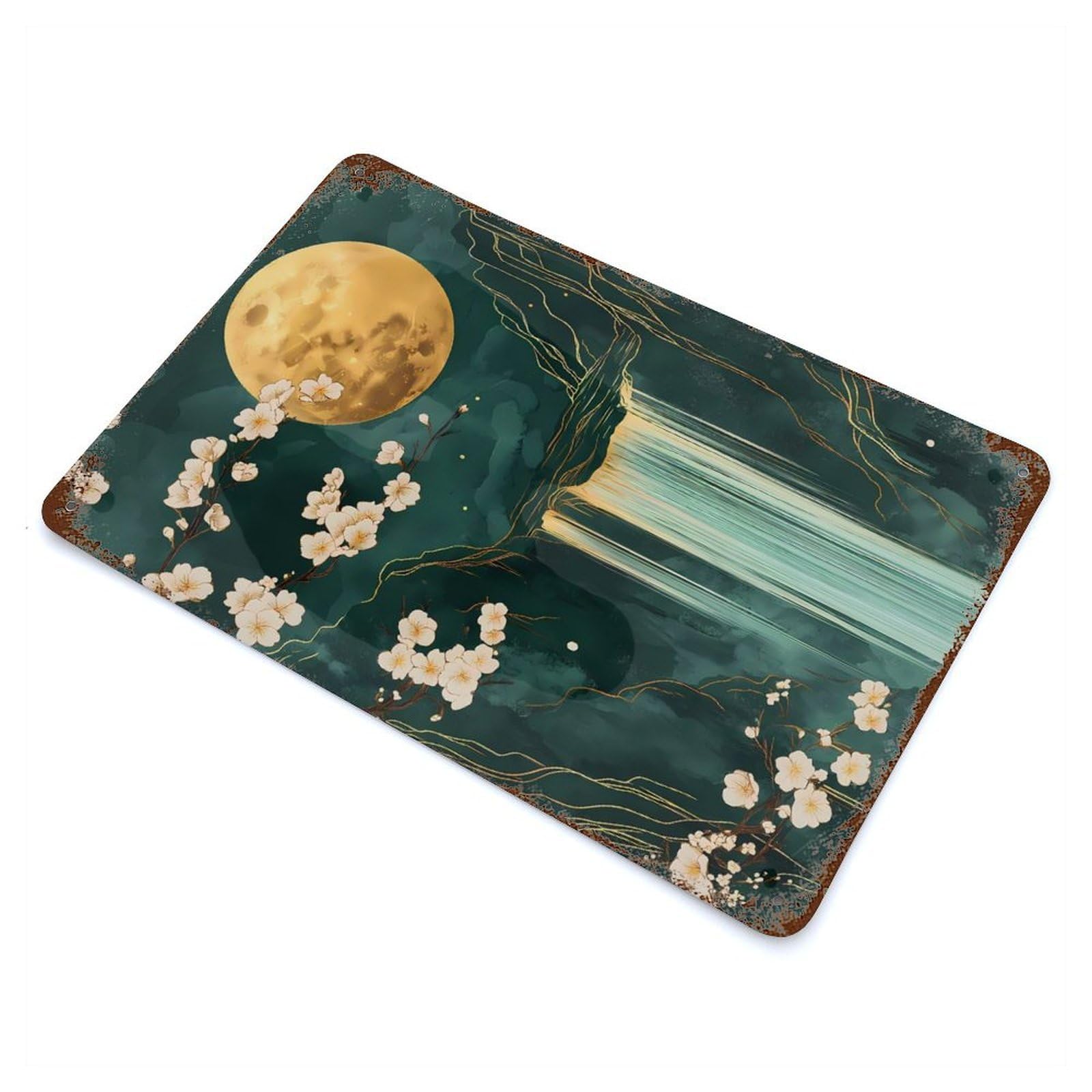 Garage Style Waterfall Moon Cehrry Blossom Japanese Landscape Vintage Rust Metal Sign 11.8"x7.9", Vintage Wall Decor for Bar And Workshop