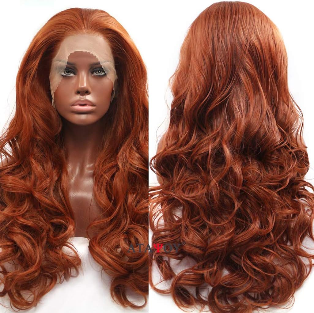 Long Auburn Copper Red Lace Front Wig ATAYOU Natural Body Wavy Glueless