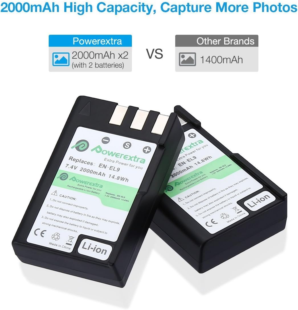 Powerextra 2 x EN-EL9 Battery & Charger with LCD Display Compatible with Nikon D40 D40x D60 D3000 D5000 Cameras