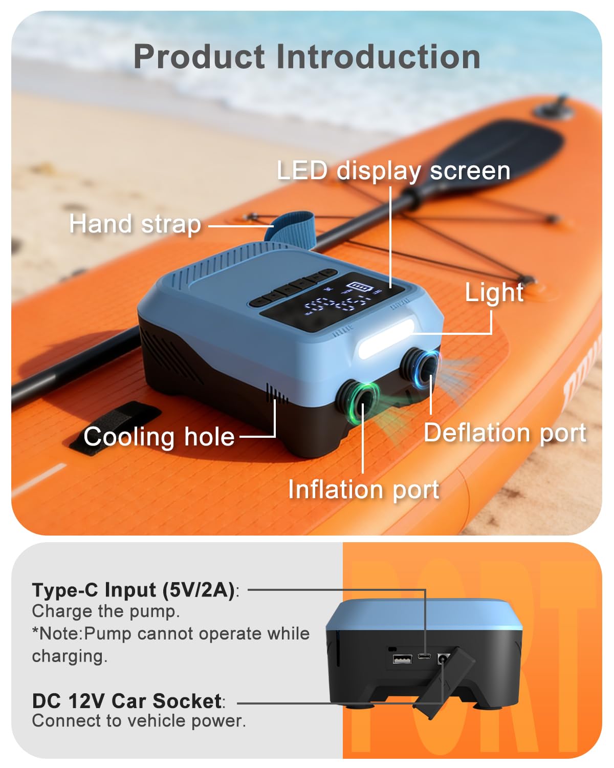 SUP Pompe Électrique 20 PSI – Rechargeable, 12V, Gonflage/Dégonflage Auto-Arrêt, Pression Précise – Gonfleur Electrique Paddle Pour Paddle, Kayak, Tente, Matelas Gonflable, Jouets Piscine