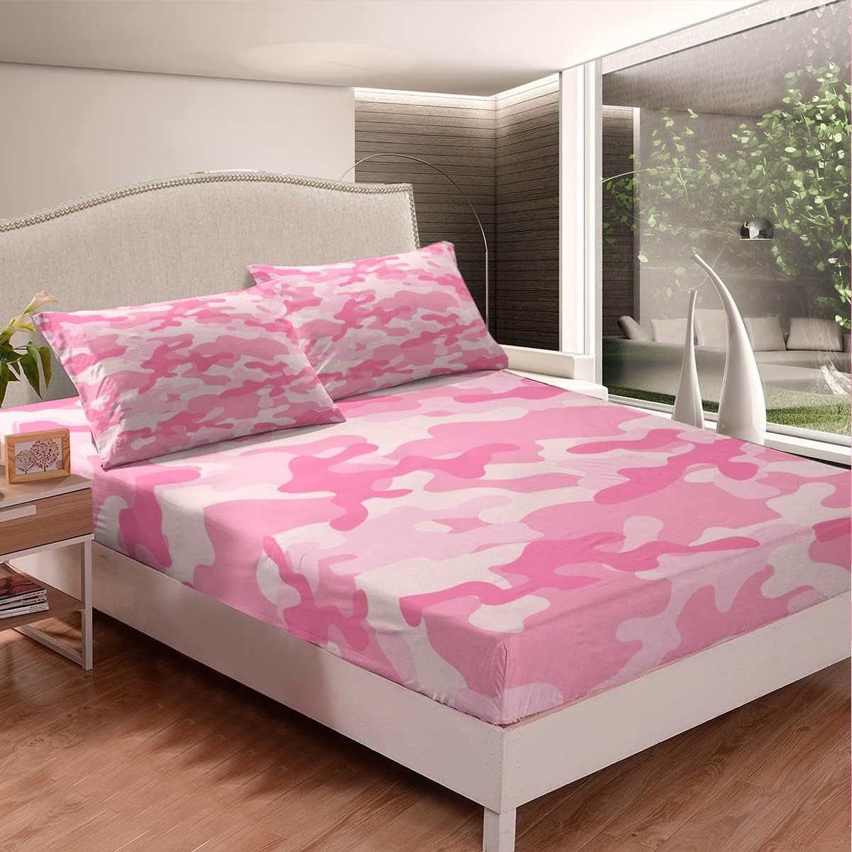 Pink Camo Sheet Set Queen Size,Modern Fashion Camouflage Bedding Set 4pcs for Kids Boys Girls Teens Bedroom Decor Army Abstract Camo Bed Sheet Rose Pink Soft Fitted + Flat Sheet,2 Pillowcases