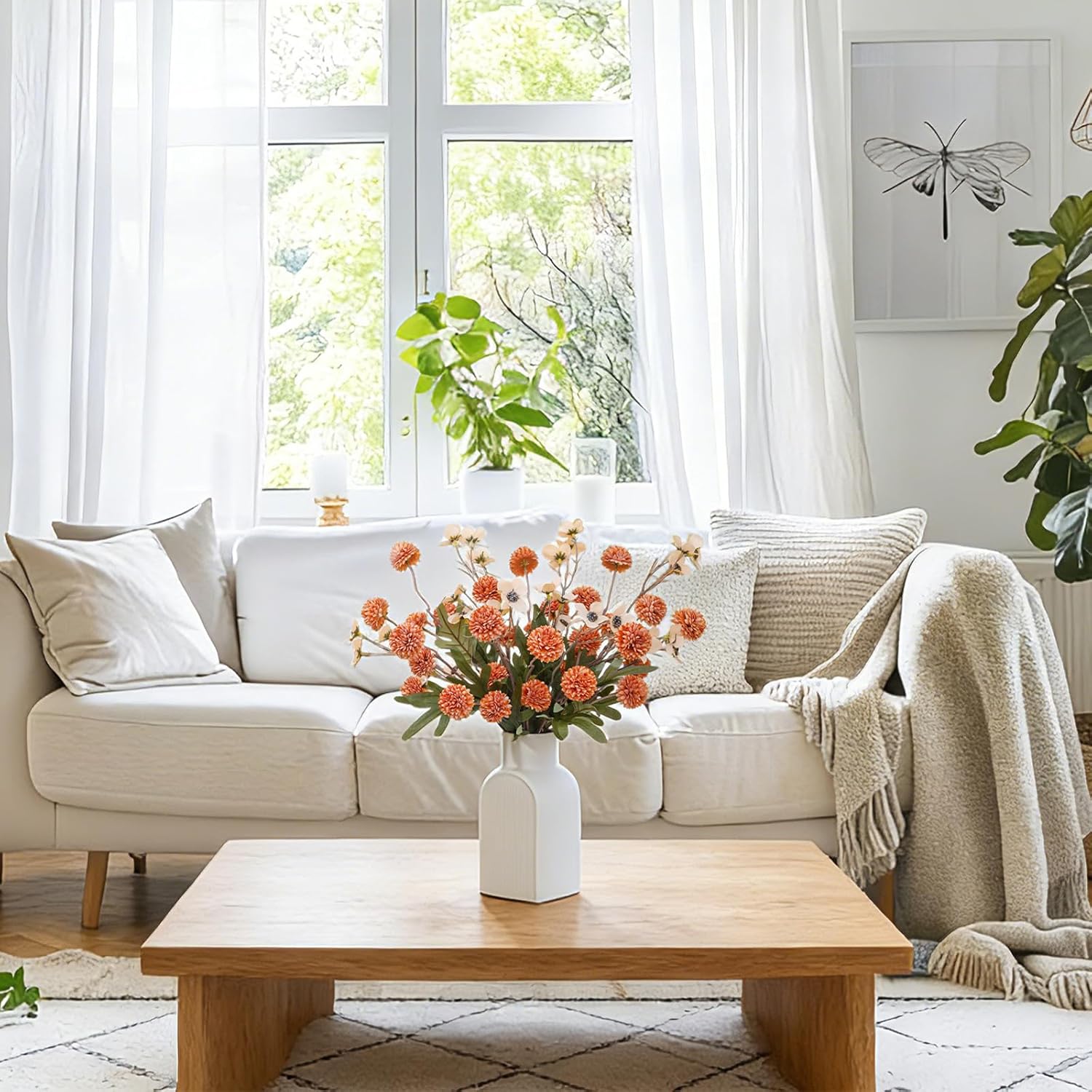 Faux Flowers for Vase,8 pcs Artificial Pom Pom Chrysanthemum Flowers with Wild Flowers,Spring Floral Stems Arrangements for Home Decor, Centerpieces for Tables, Rustic Decorations