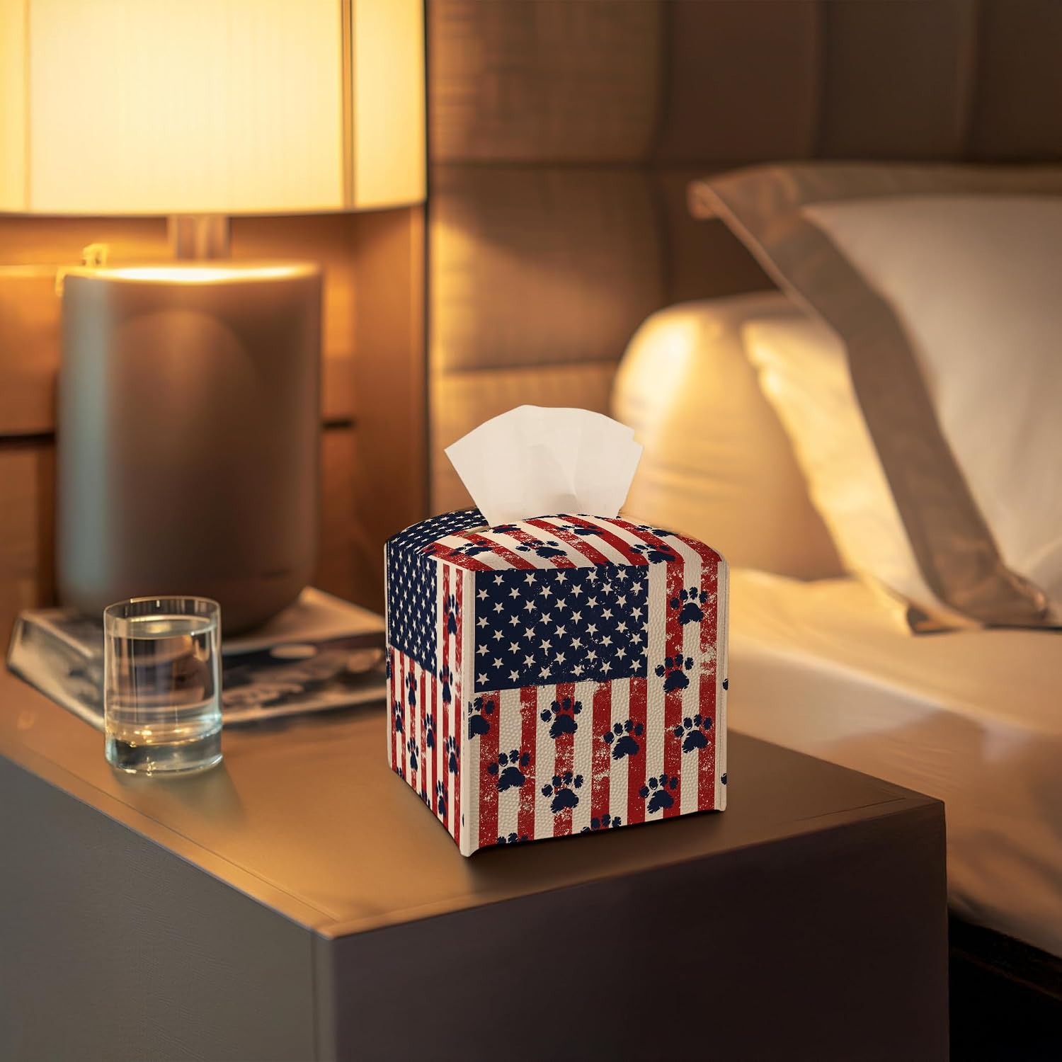 Square Tissue Box Cover - Vintage Paw Print PU Leather Tissue Box Holder with Elastic Bottom Strap,5x5Inch Tissue Box Decor for Bathroom Countertop, Nightstand, Bedroom image 4