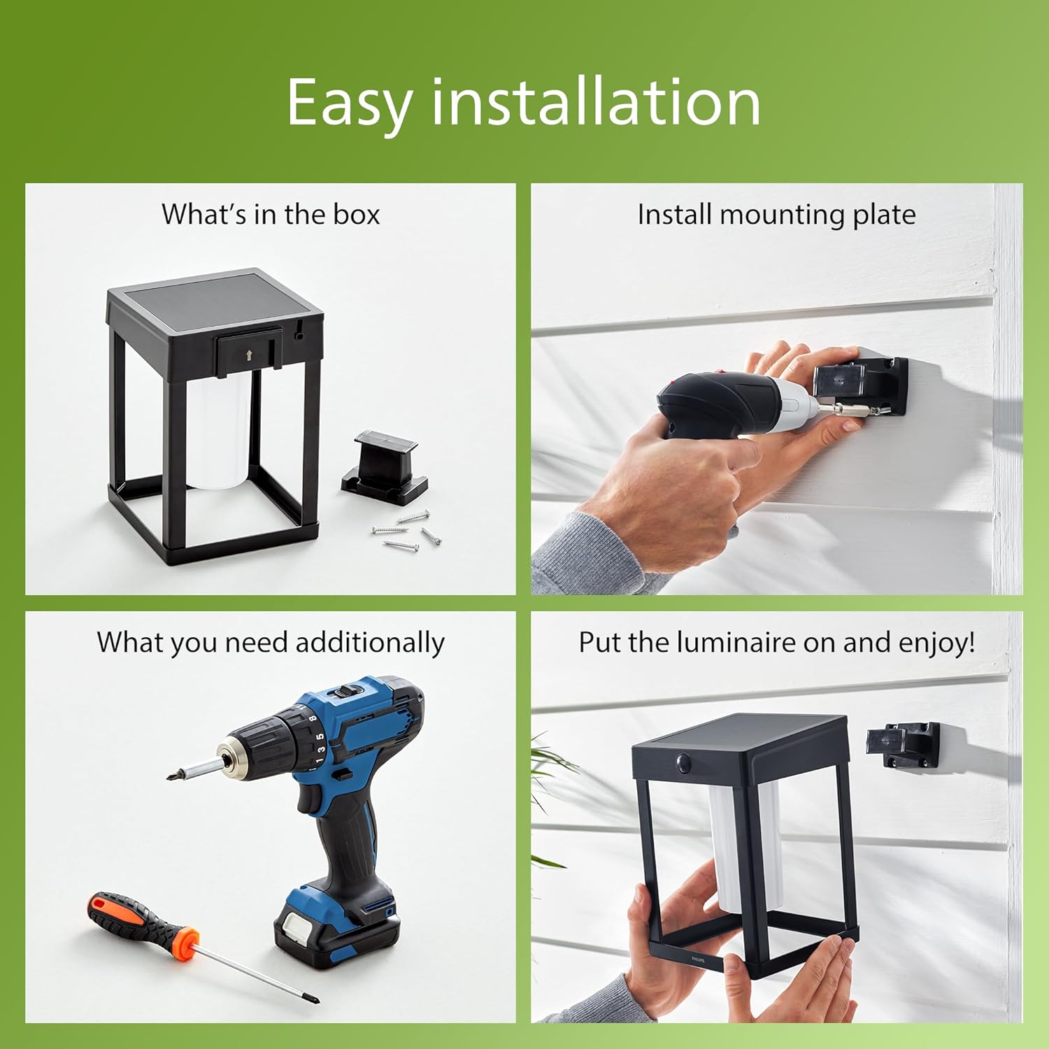 Four panel image showing easy installation steps for the Philips solar wall lantern.