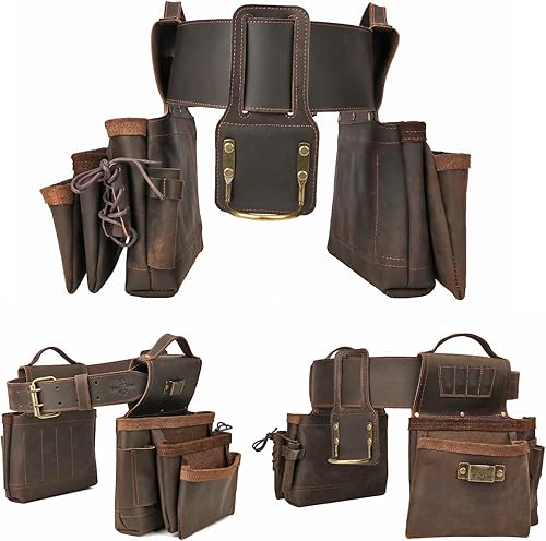 Miniatura 9 de Tourbon Cinturón de herramientas de cuero genuino para carpintería, multiusos, organizador de bolsillos para electricista, bolsa de soporte para