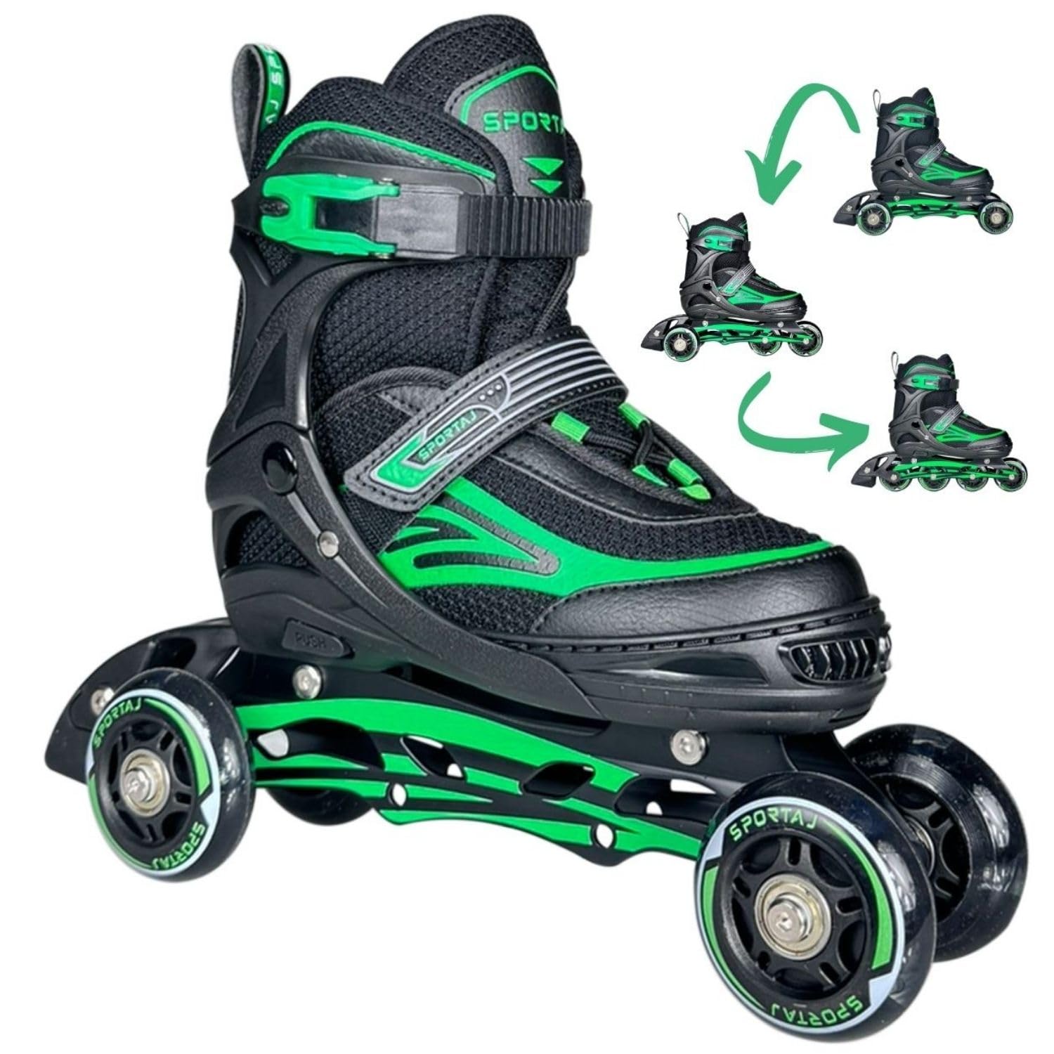 Sportaj Paten Premium TAJ-J1 Pro Paten Beyaz Led Işıklı Silikon Teker 3 in 1 Inline Çocuk Yetişkin Paten (Yeşil, 35-38)