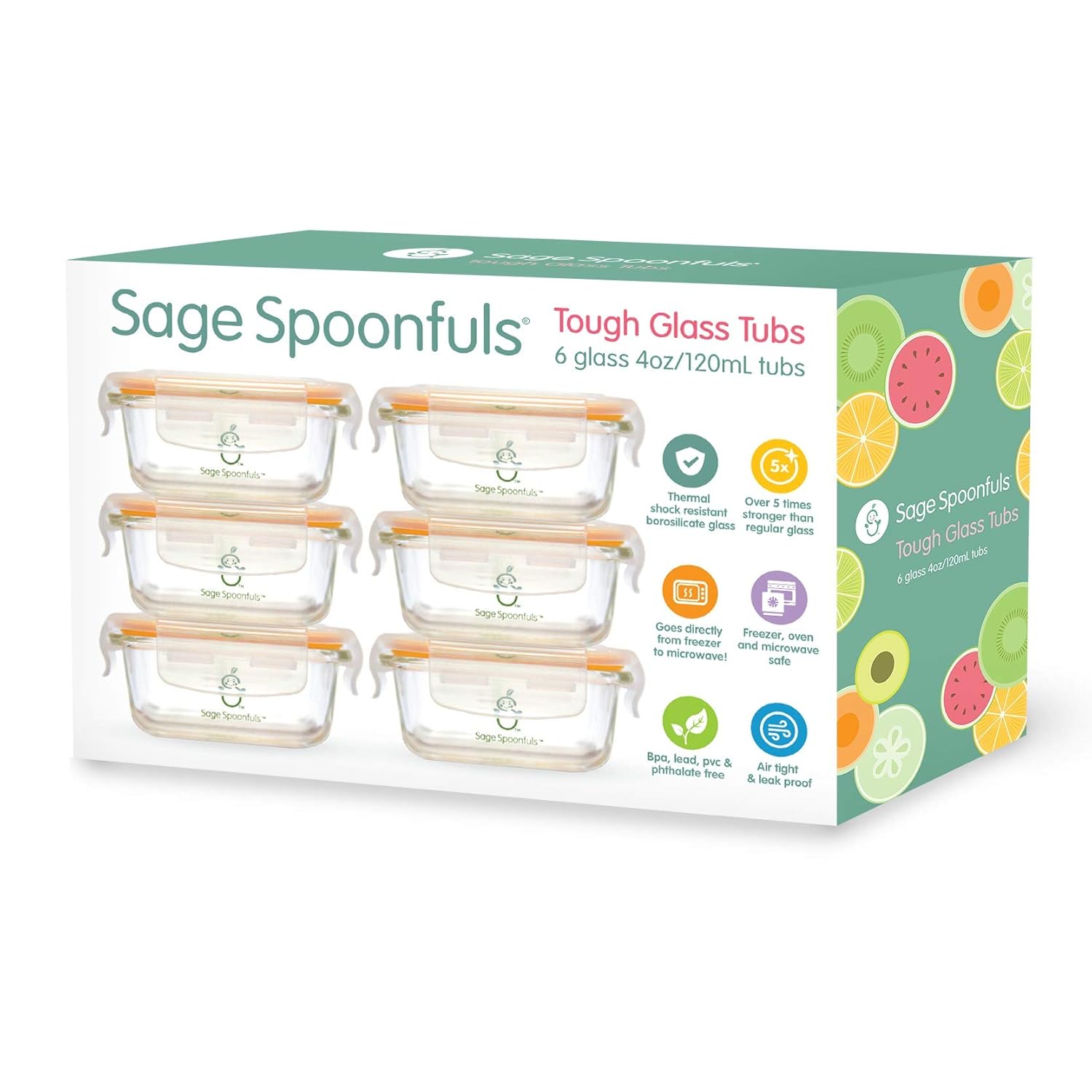 Sage Spoonfuls Borosilicate Glass Baby Food Containers with Lids - Durable and Airtight - Dishwasher, Oven, Microwave, & Fridge Safe - 24 Fl Oz, Pack of 6 - Clear