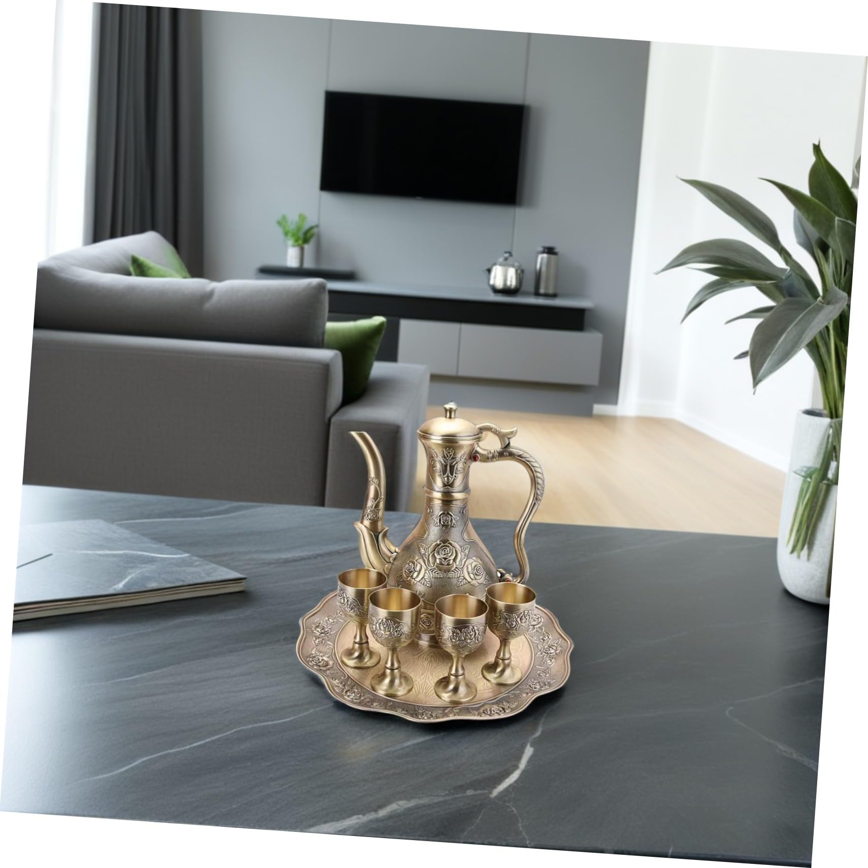 GLEAVI Weinkelchset aus Zinklegierung mit Weinkaraffe Gläsern und Tablett Elegant Vintage Design Verblassfest und Einfach zu Reinigen für Teeparty und Tischdekoration