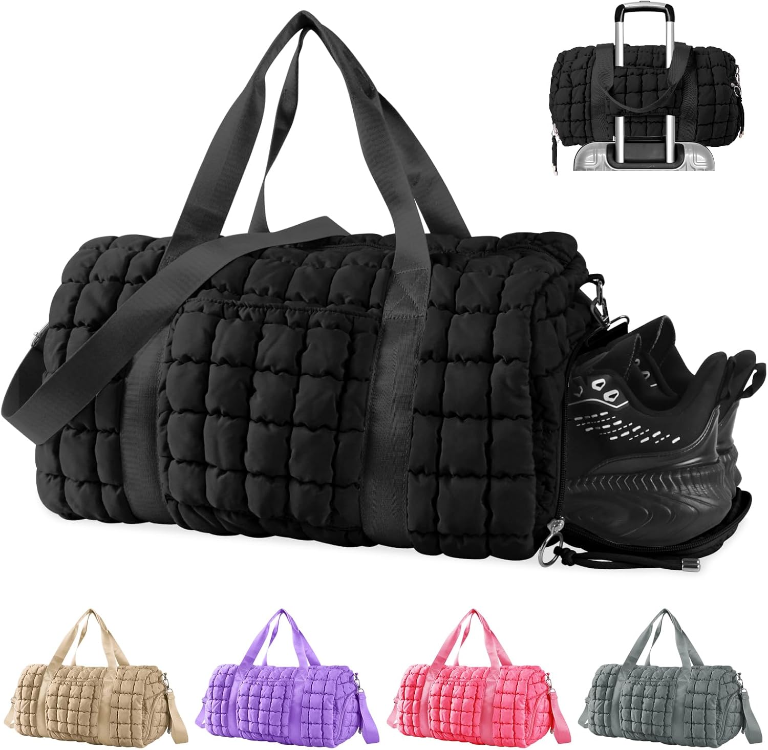 Quilted Gym Duffle for Women - Travel Bag with Shoes Compartment, Puffer Weekender Overnight Carry On Duffel with Trolley Sleeve for Airplanes - Personal Item Sports Dance Bag (Black)