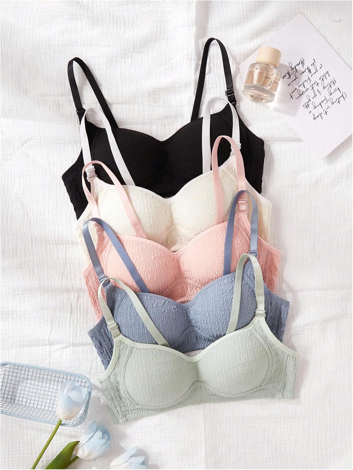 OYOANGLE Girl's 5 Pack Training Bras Textured Adjustable Strap Wireless Bralette Comfortable Everyday Bra