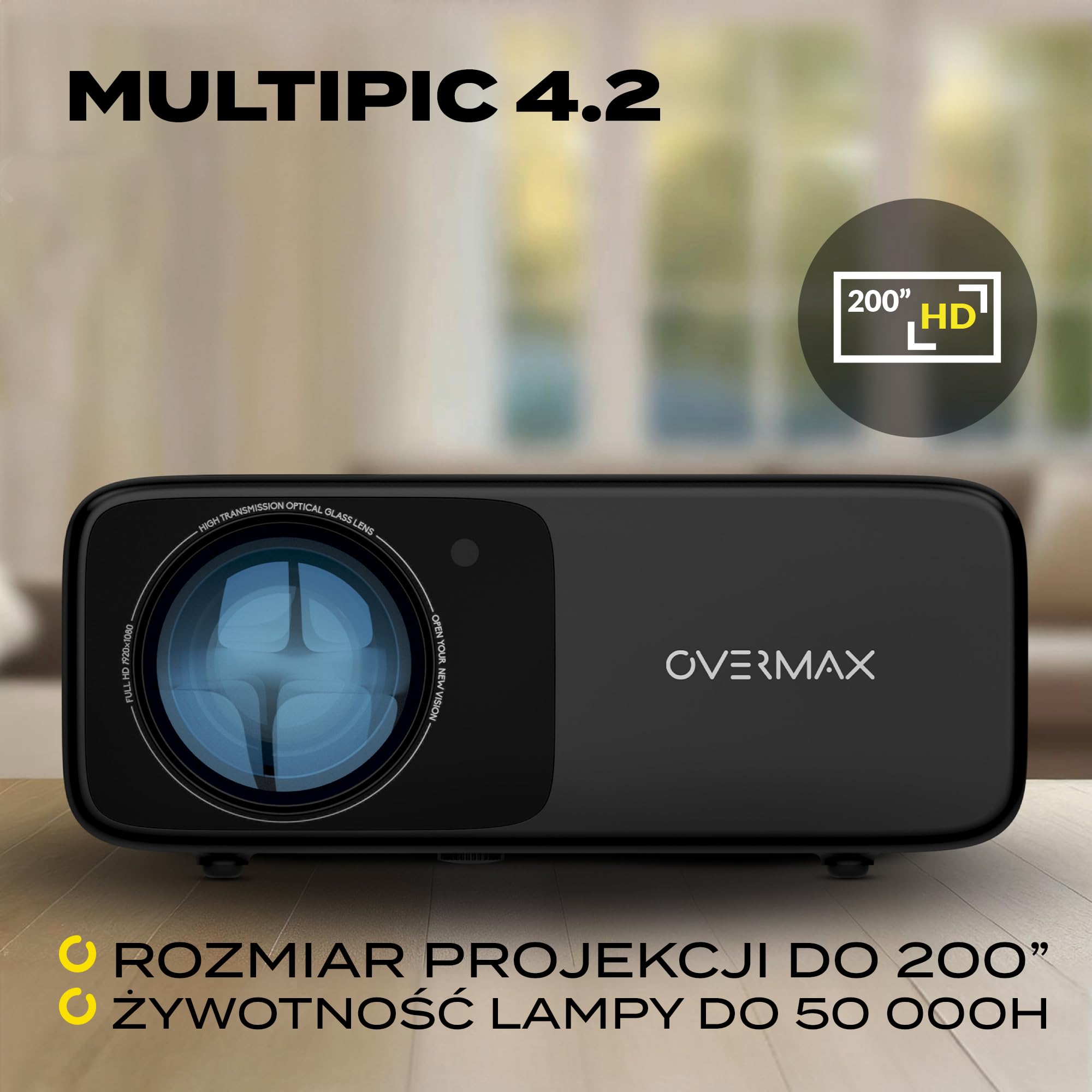 Overmax Multipic 4.2 Full HD 1080p projektor LED 200", 4500 lumenów, system 4-soczewkowy, WiFi 2.4 5G BT HDMI, USB głośnik 360°, rotacja obrazu, przeżyj EURO 2024 i wieczory kina domowego w