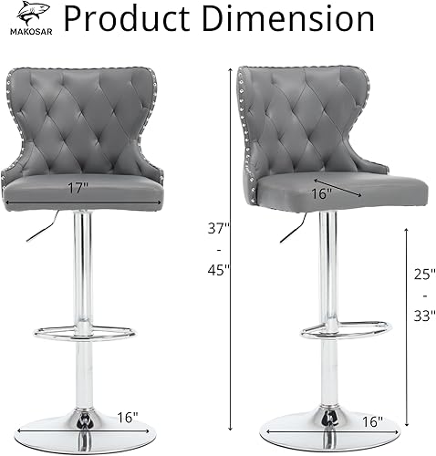 Miniatura 3 de Juego de 2 taburetes de bar giratorios ajustables, sillas tapizadas de altura de mostrador con respaldo alto y ribete de cabeza de clavo, patas y