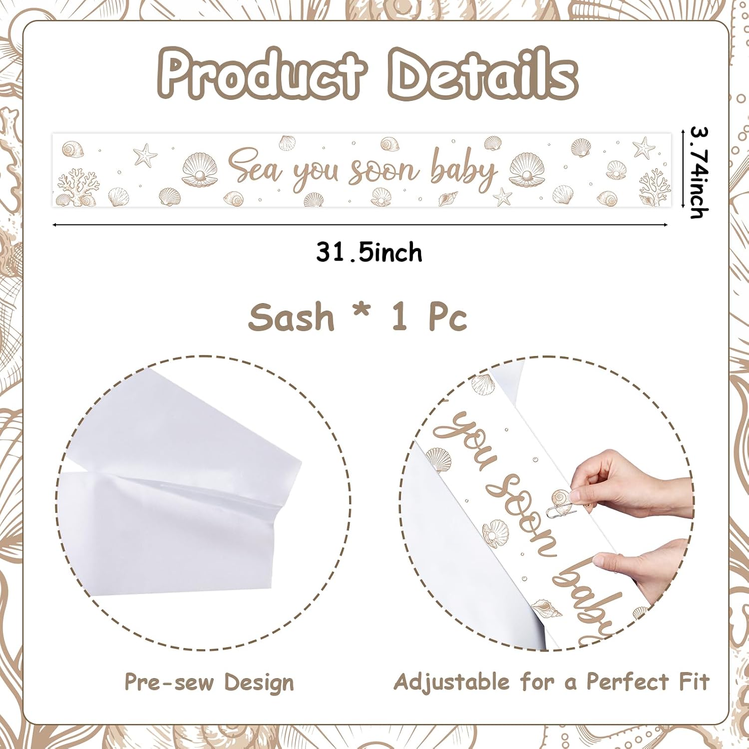 Sea You Soon Baby Shower Sash with Seashells, White 63x3.7 in Sash with Starfish and Ocean Elements, Gold Pin Included – Gender Neutral Nautical Baby Party Decorations for Parents to Be