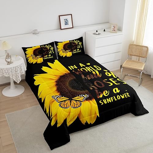 Miniatura 3 de Erosebridal Juego de edredón de girasoles negros tamaño Queen para niñas y mujeres, ropa de cama floral de mariposa amarilla, edredón botánico de
