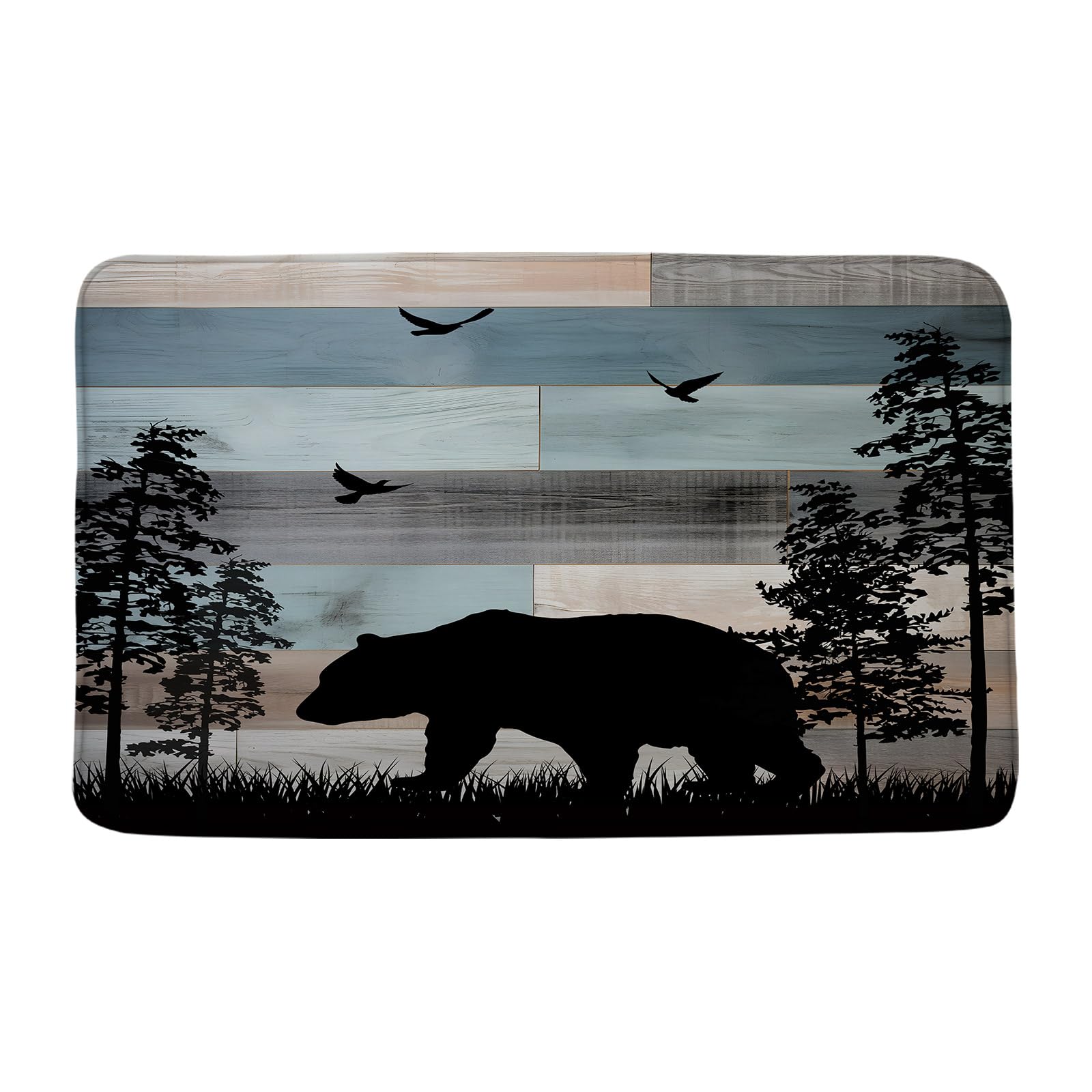 DSMEUE Rustic Bear Bathroon Runner Rug,Cabin Vintage Wooden Wildlife Country Animal Black Blue Kitchen Doormat Bath Mats,18x30 Inch