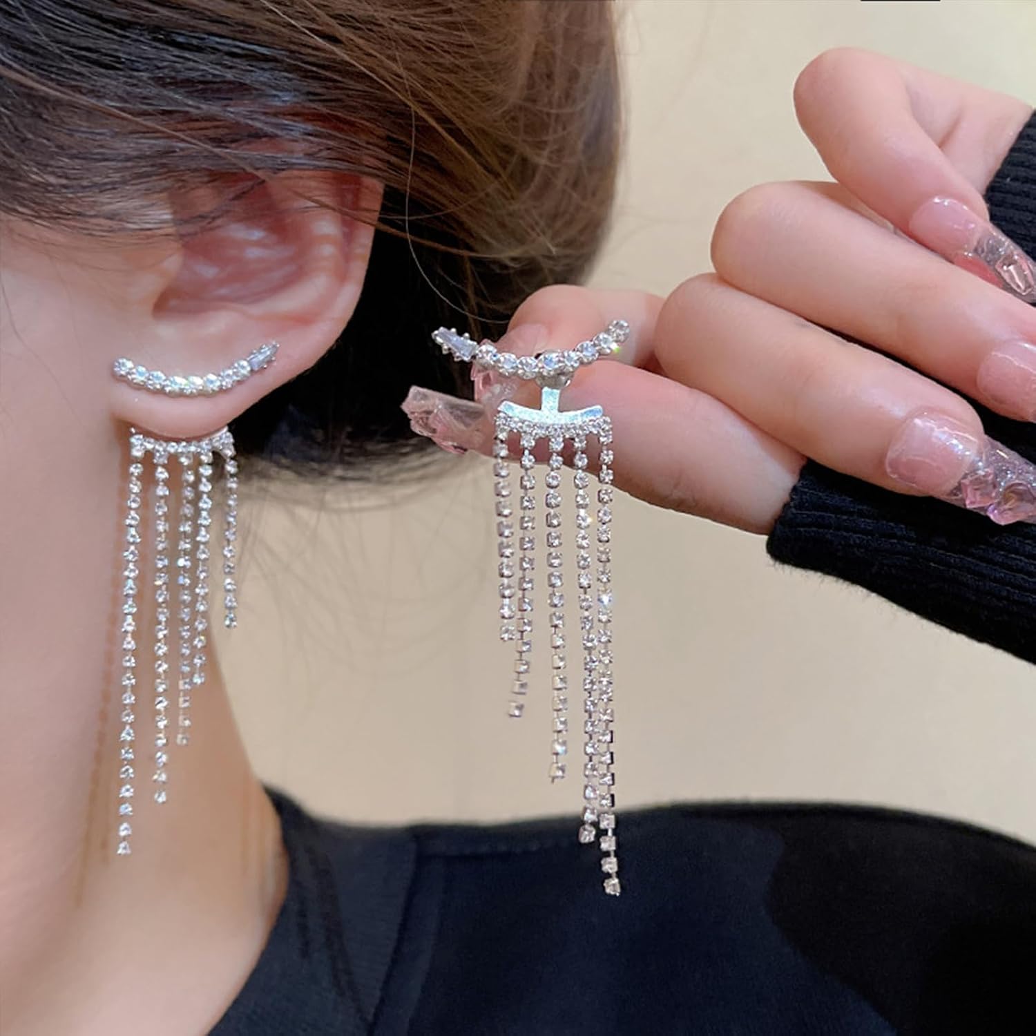 Silver Tassel Prom Earrings Long Sparkly Rhinestone Tassel Dangle Drop Earrings for Women Wedding Jewelry