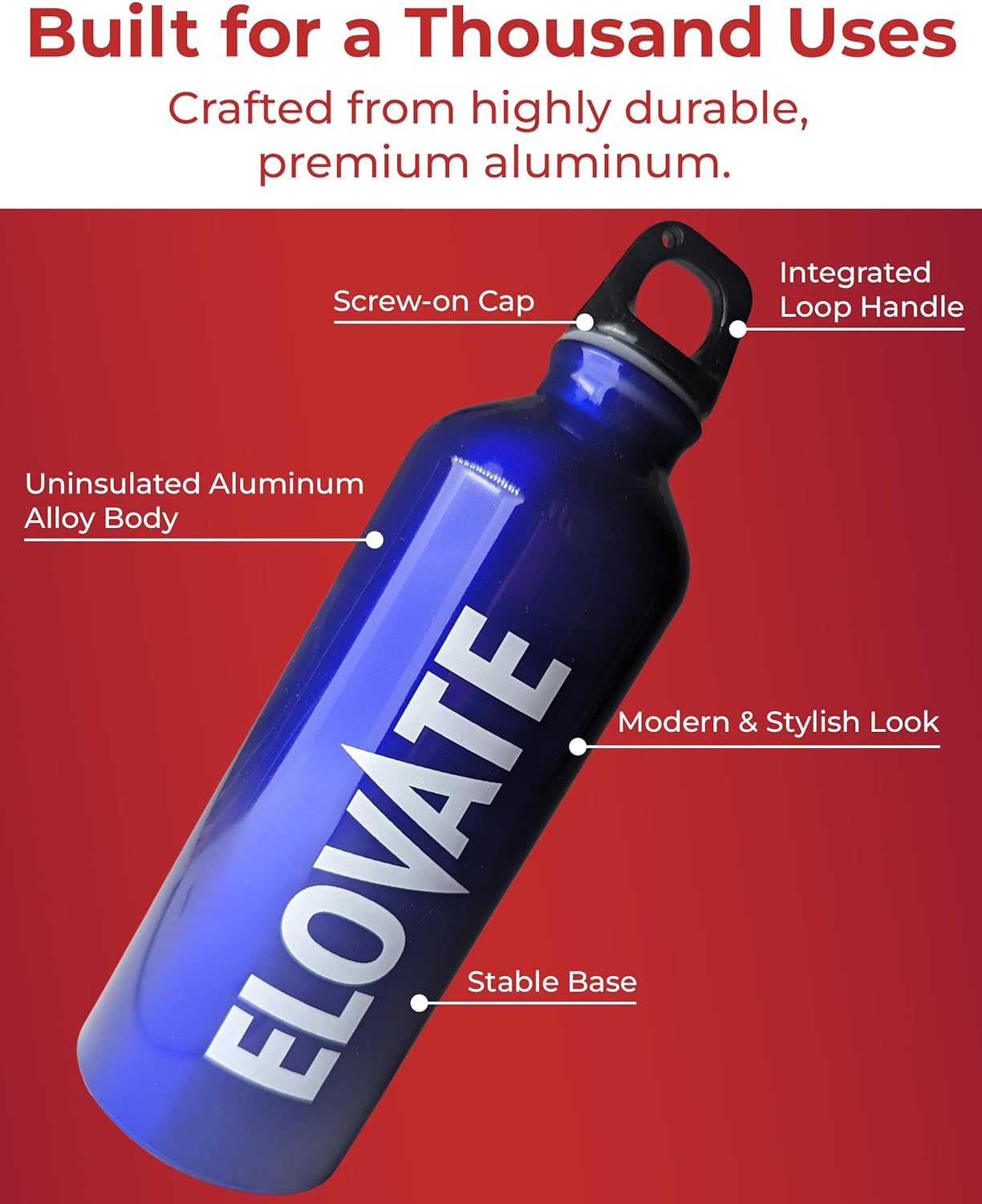 ELOVATE Aluminum Water Bottle, 17 oz - BPA-Free & Uninsulated, Reusable Water Bottles with Loop Handle - Travel-Friendly & Stylish Premium Tumbler, Blue - Image 3