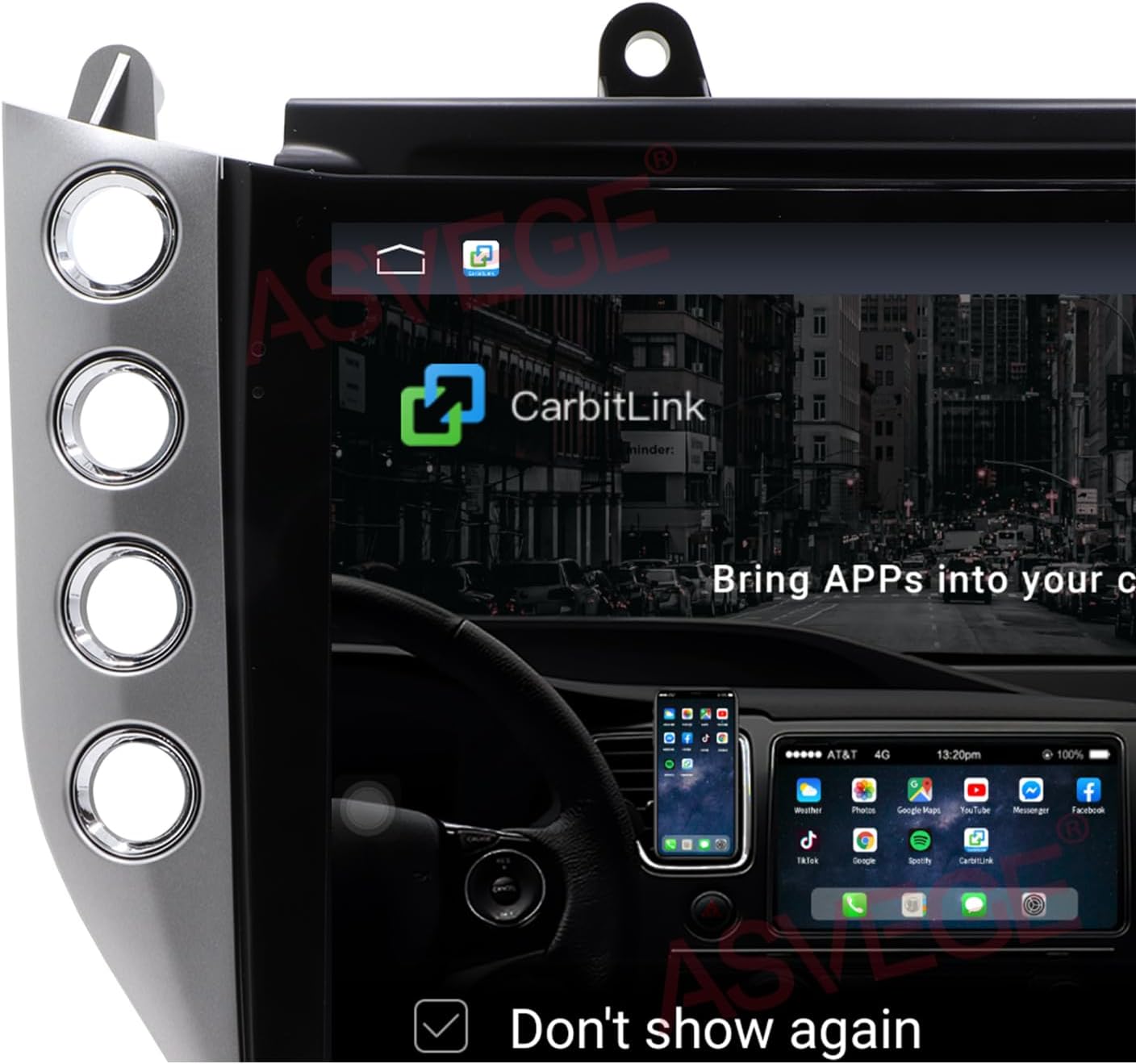 Diagram illustrating Carplay and Android Auto support, showing a smartphone connected wirelessly for Carplay and wired for Android Auto, with the car stereo displaying compatible apps.