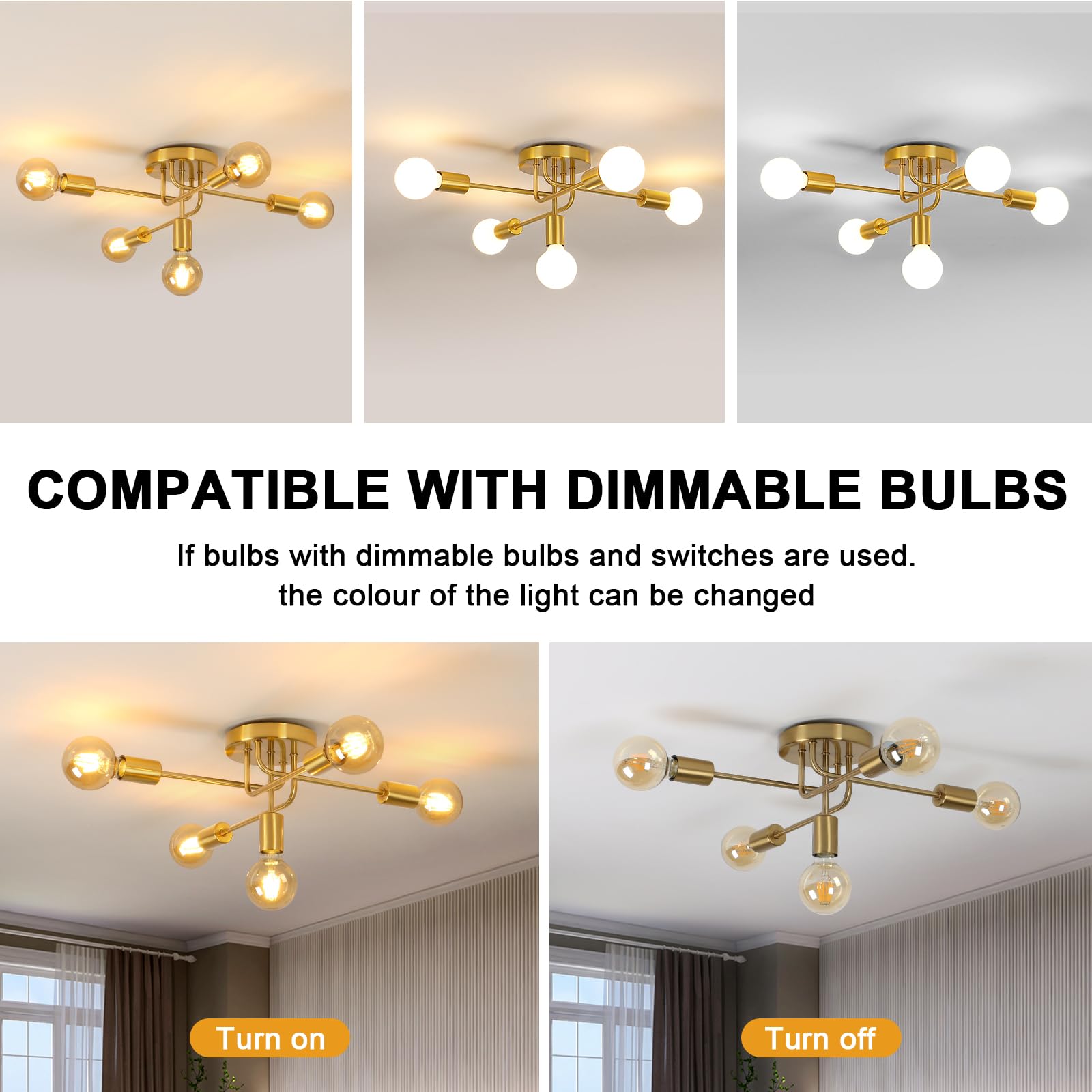 DELIPOP Industrielle Deckenleuchte, 5 Leuchten, Sputnik, Vintage, modern, Hängeleuchte, aus Metall, E27, Sockel, Deckenleuchte, für Wohnzimmer, Schlafzimmer, Küche, Flur, Esszimmer, Bar, Café, Loft