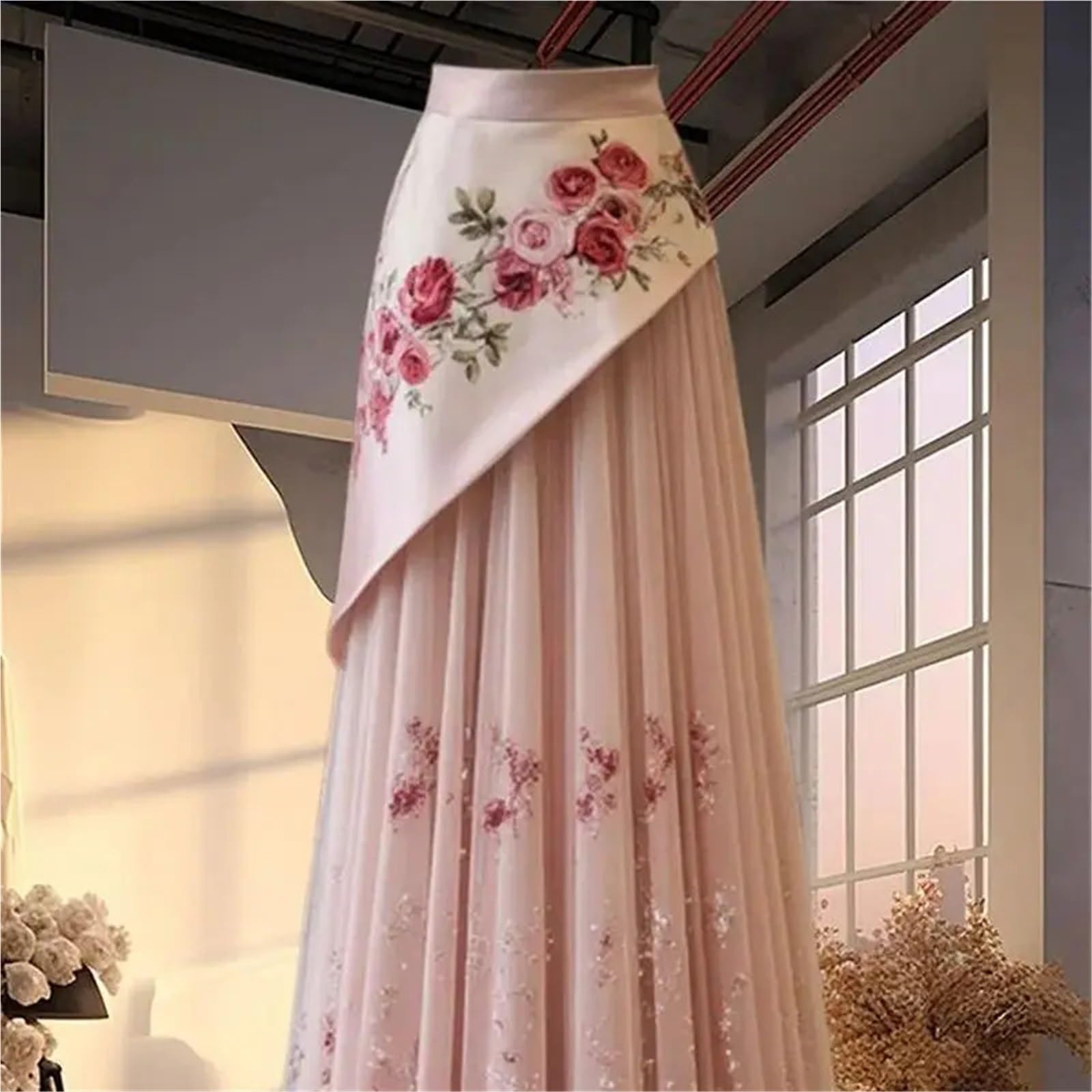 Gonna Lunga Estiva con Stampa Floreale da Donna, a Vita Alta, Elegante, Patchwork, Ampia Gonna a Ruota, Pieghe Vintage per Donna