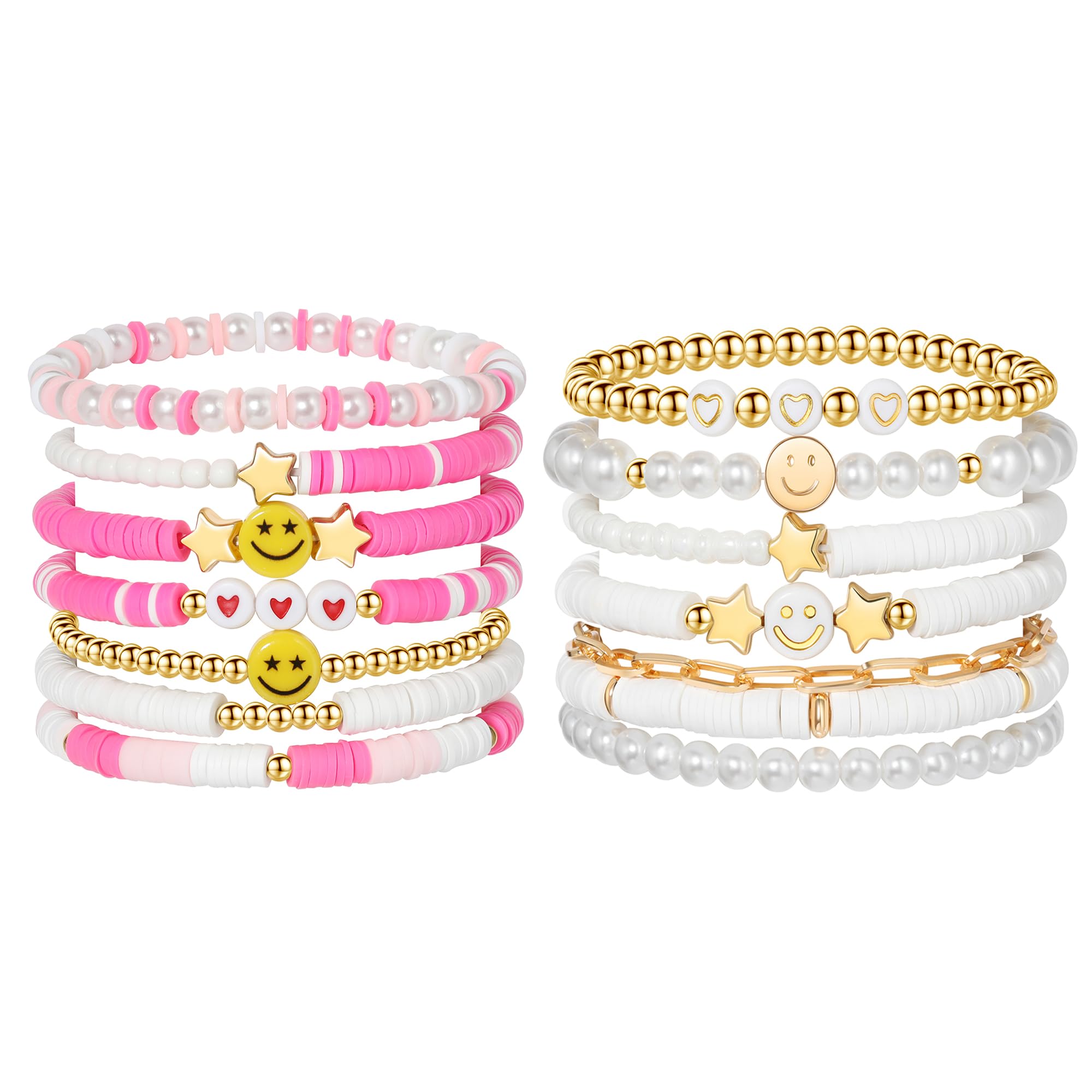Preppy Bracelets Set Colorful White Gold Smile Heart Star Polymer Beaded Pearl Clay Stackable Charm Y2K Kidcore Aesthetic Summer Beach Bohemian Stretch Layering Bracelets Jewelry for Girls Women Teens
