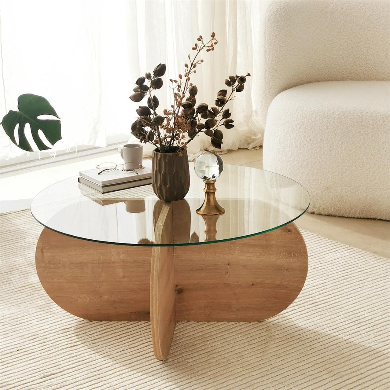 Unbreakable Glass and Wood Coffee Table, Modern Round Oak Coated Chipboard Center Table for Living Room, Mid Century Wooden Small Low Coffee Table (Clear Glass)