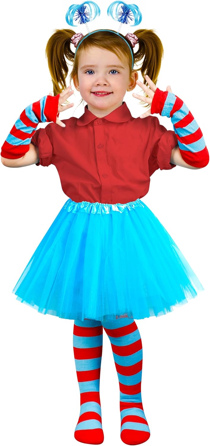 Blue Tutu Cosplay Set, 4PCS Tulle Tutu Skirt Ponytail Headbands Blue Red Striped Gloves High Knee Socks Girl Costume - Image 6