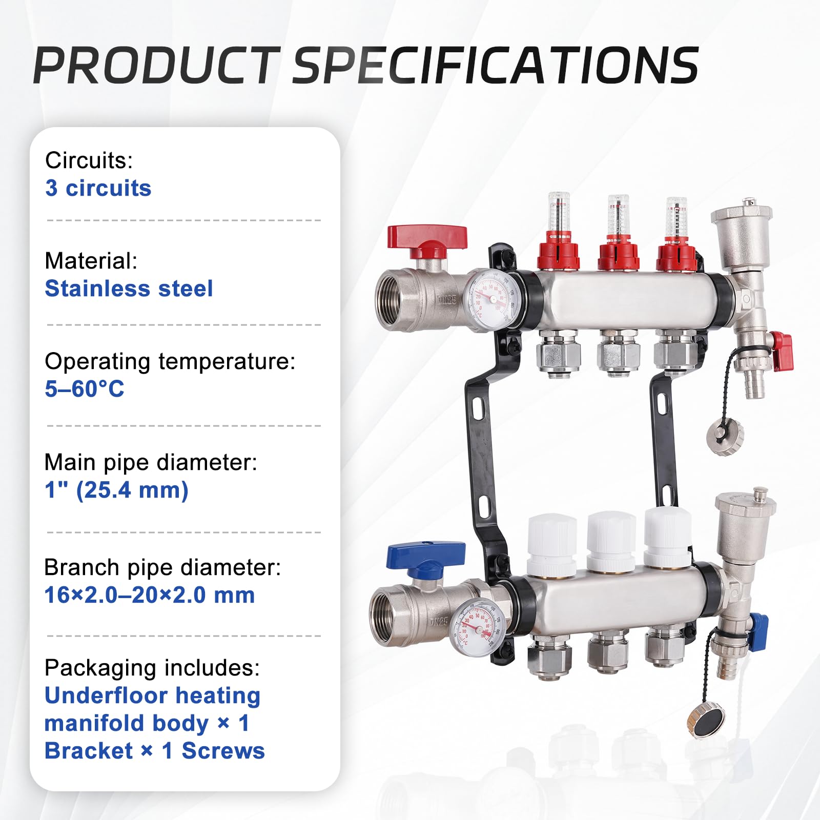 YUCHENGTECH Colector Calefaccion Suelo Radiante de Acero Inoxidable de 3 Circuitos con Conexión Eurokonus 3/4"(16x2mm) Distribuidor Circuito Calefacción con Caudalímetro y Válvulas