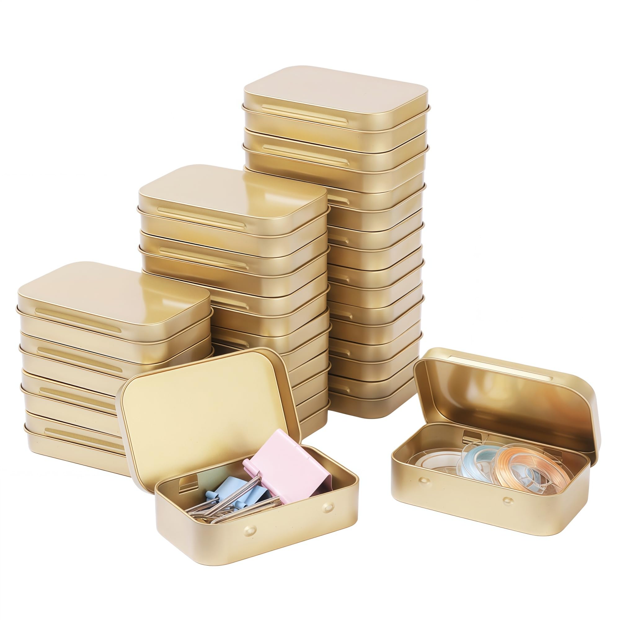 LJY 20 Pack Gold Rectangular Metal Tin Box with Hinged Lid 9.5 x 6 x 2.2 cm – Empty Small Storage Tins for DIY Labelling, Survival Kits, Soap and Hardware Organiser
