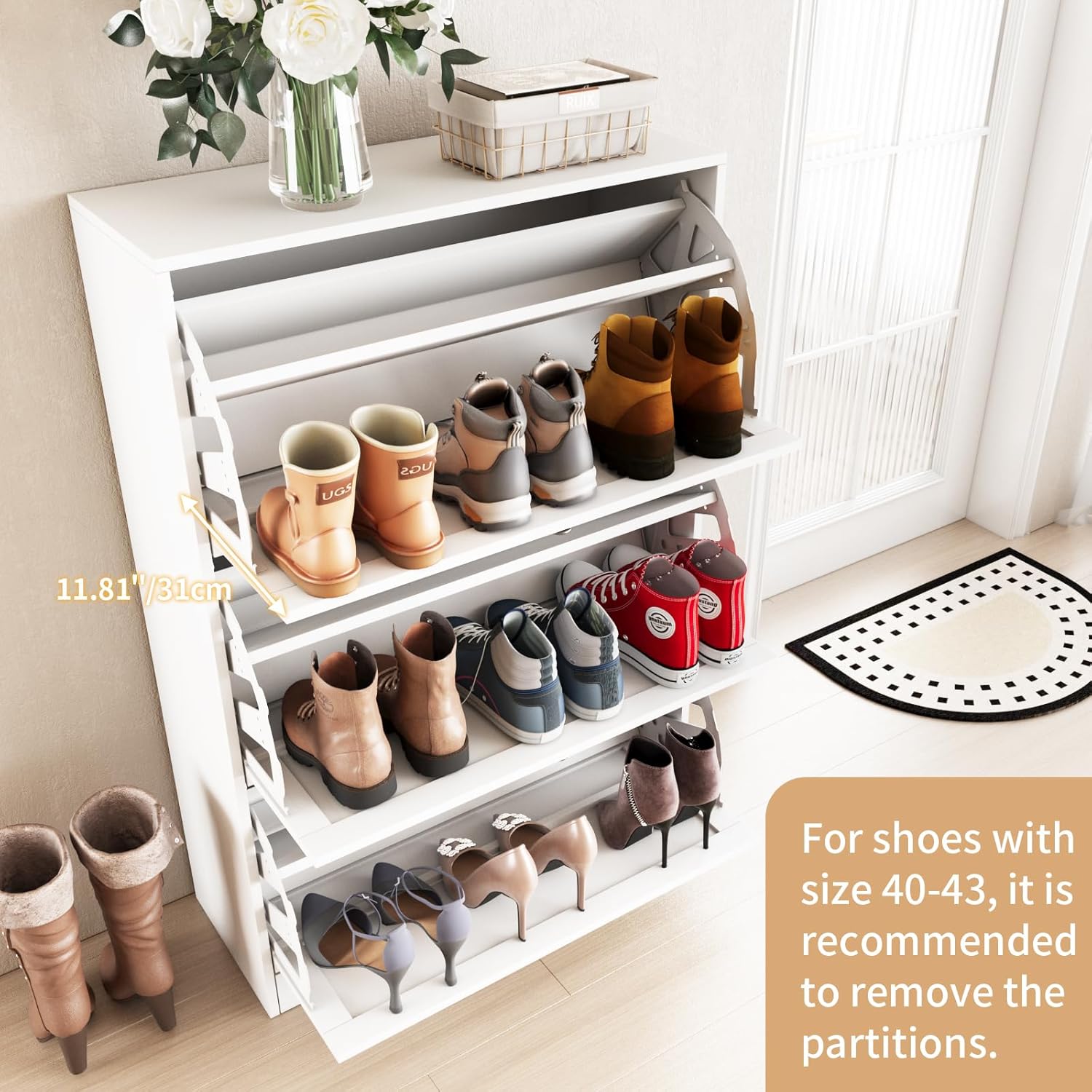 VOWNER Shoe Storage Cabinet with 3 Flip Drawers, Shoe Cabinet with 3-Tier Shoe Rack & Adjustable Shelves, Shoe Organizer for Entryway, Hallway, White