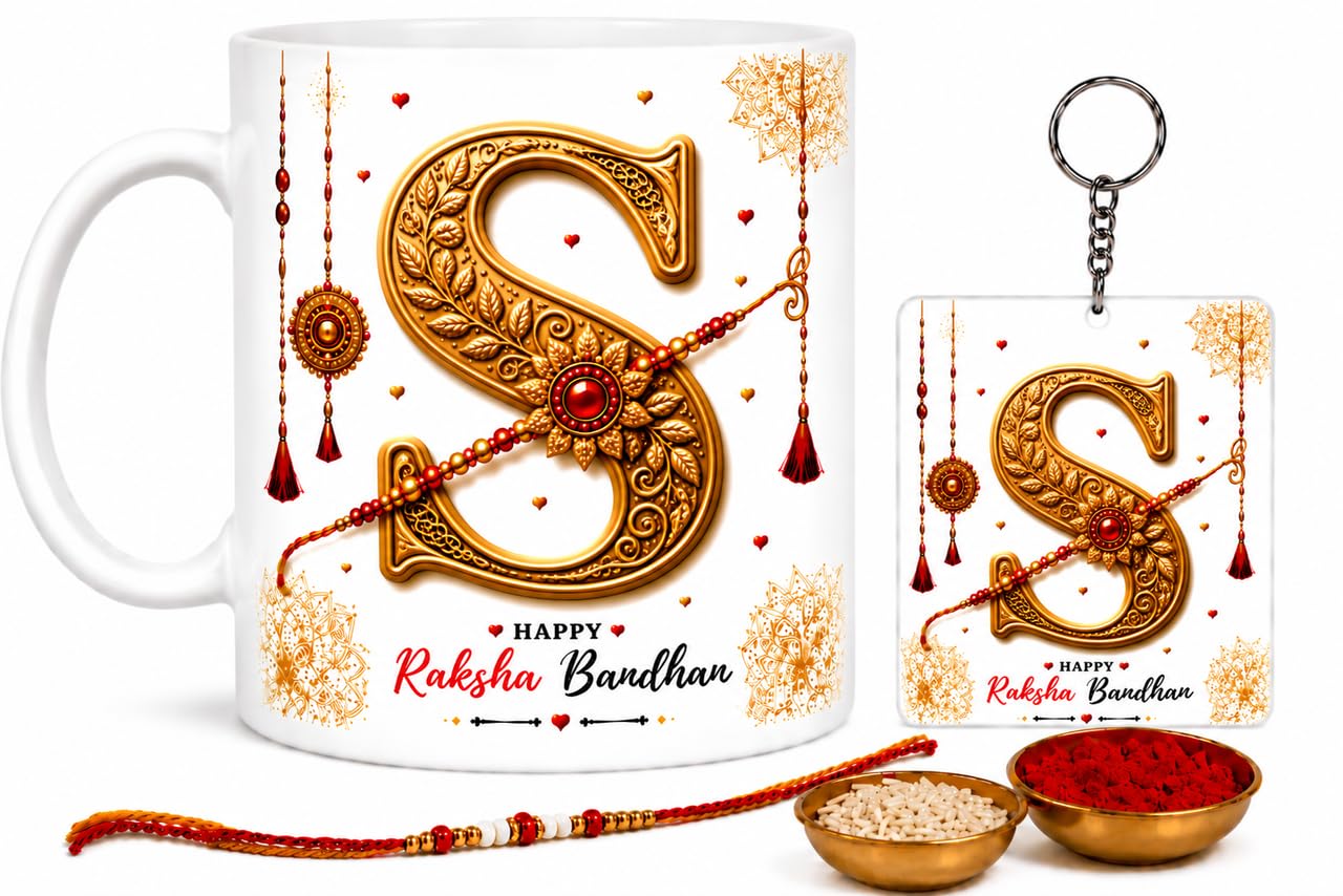 Raksha Bandhan Alphabet S Printed Ceramic Coffee Mug with Matching Square Keychain, Rakhi, Roli Chawal Set, 350 ML White Mug for Brother, Sister, Family Celebration-image-19