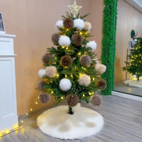 Vista 121 de Faldones de felpa para árbol de Navidad, 36 pulgadas, tapete de lujo de piel sintética blanca nevada con copos de nieve dorados para decoración