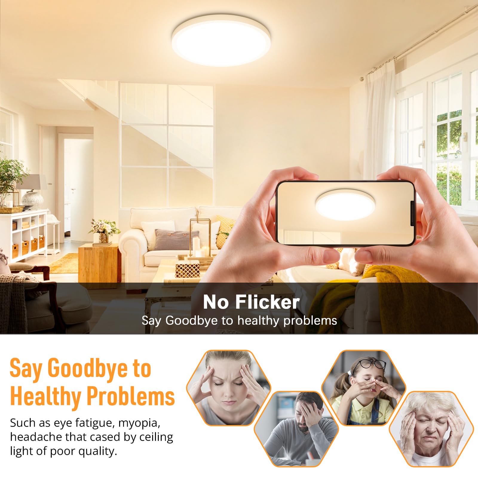 LED Flush Mount Ceiling Light Fixture, 3000K Warm White, 2400 Lumen, 12 Inch 24W Round Flat Ceiling Lights, 240W Equivalent White Modern Panel Lamp for Bedroom Bathroom Hallway Kitchen, Non-Dimmable