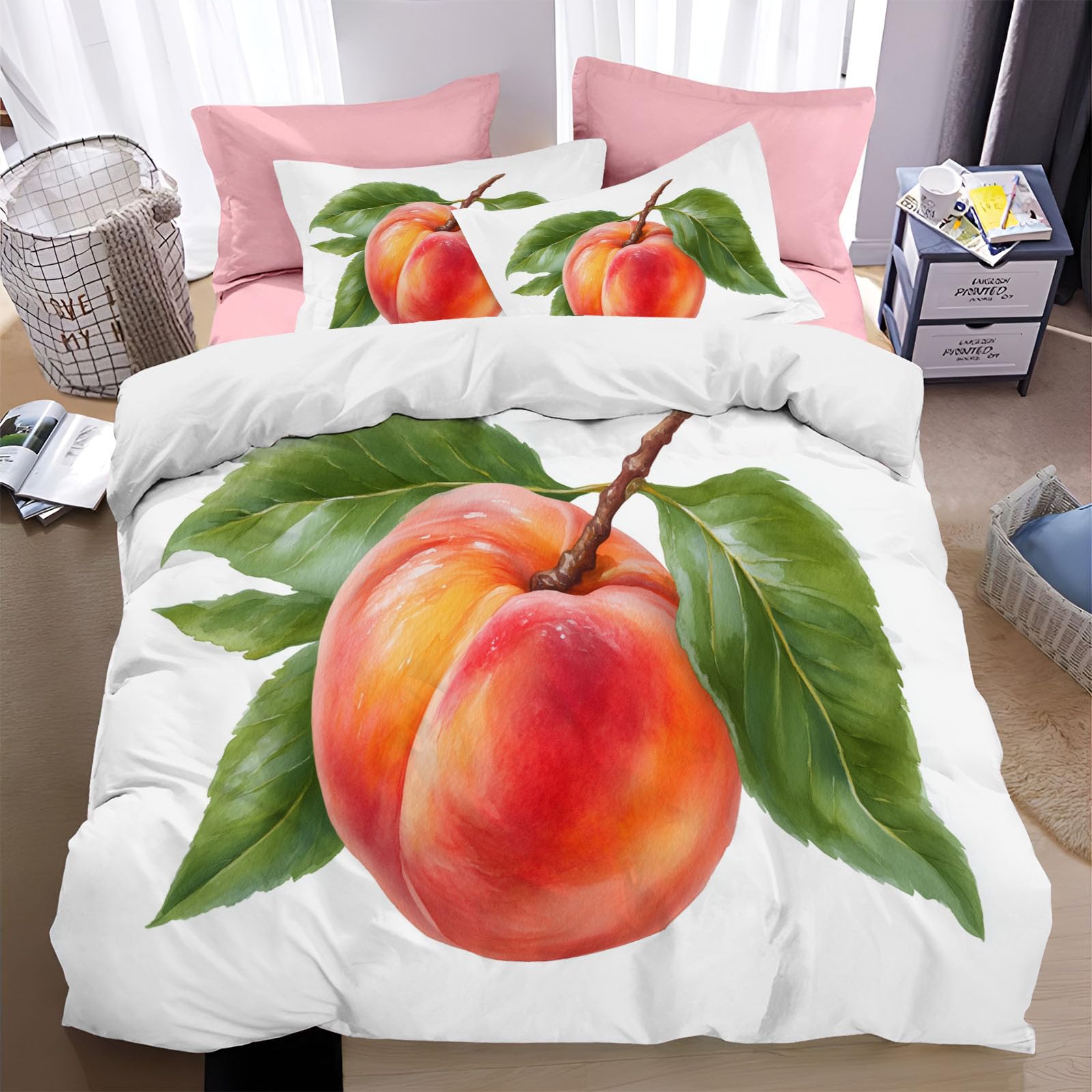 Parure de lit blanche motif fruits housse de couette 240x260 cm en microfibre lavable