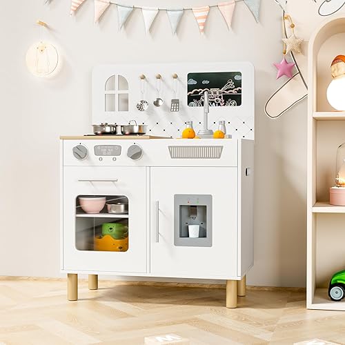 Miniatura 7 de MAMIZO Juego de cocina para niños, juego de simulación con pizarra y luces y sonidos realistas, cocina de madera interactiva definitiva con sonidos