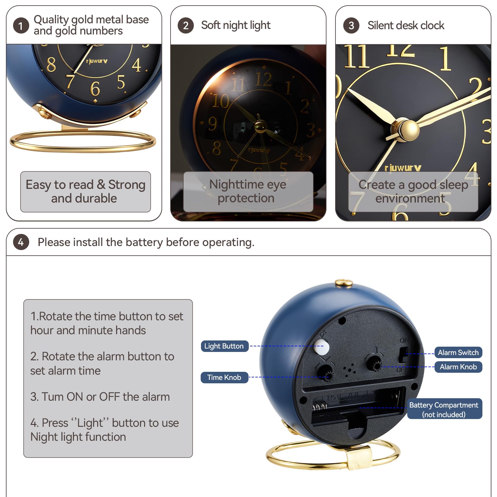Rjuwurv Metal Desk Alarm Clock, Retro Bedroom Table Vintage Analog Silent Non-Ticking Alarm Clock, Bedside Decor, Navy Blue 1