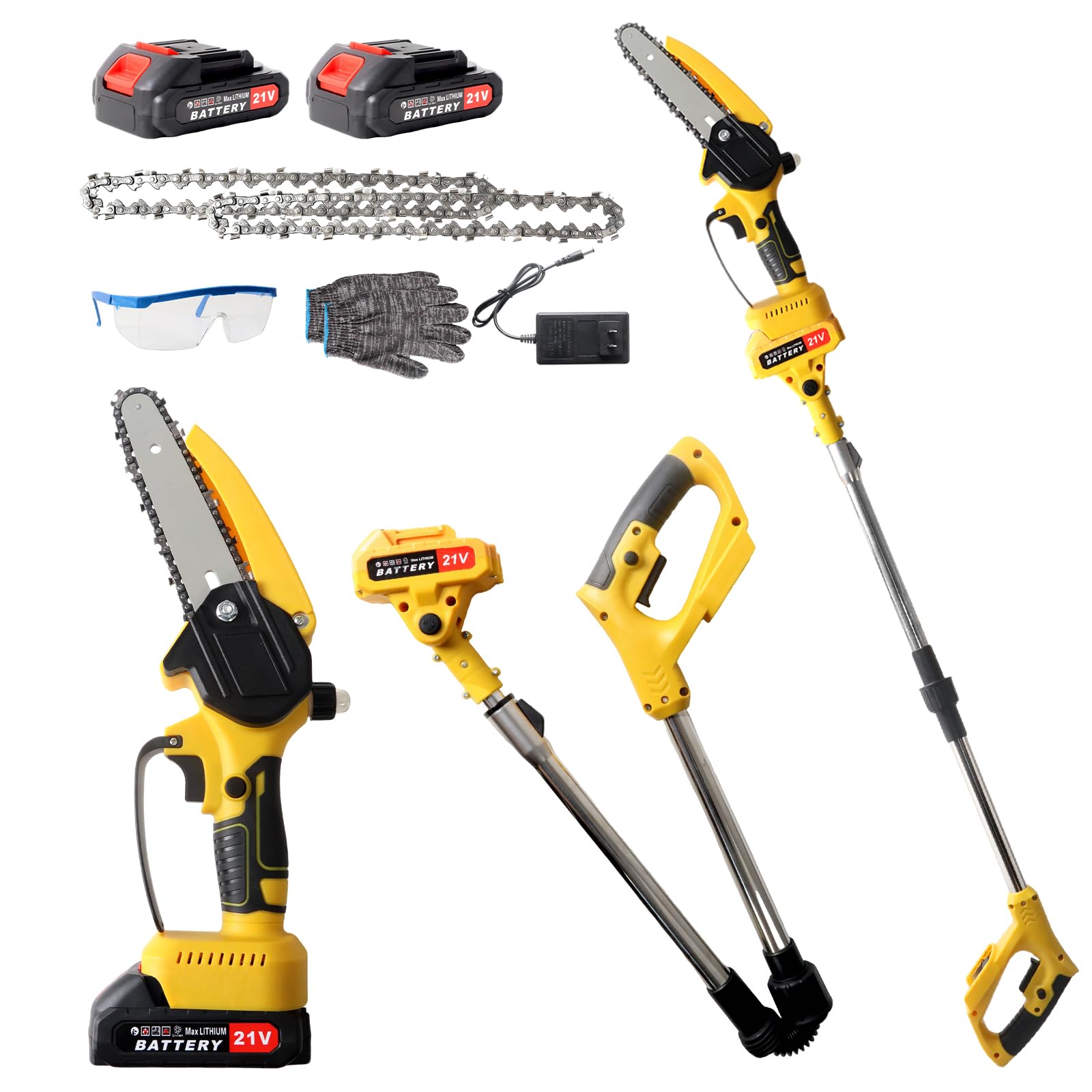 Linotltie Cordless Pole Saw Electric Tree Trimmer, 2-in-1 Polesaw & Mini Chainsaw with Extension, Includes 2x21V Batteries & Complete Kit for Pruning & Limbing